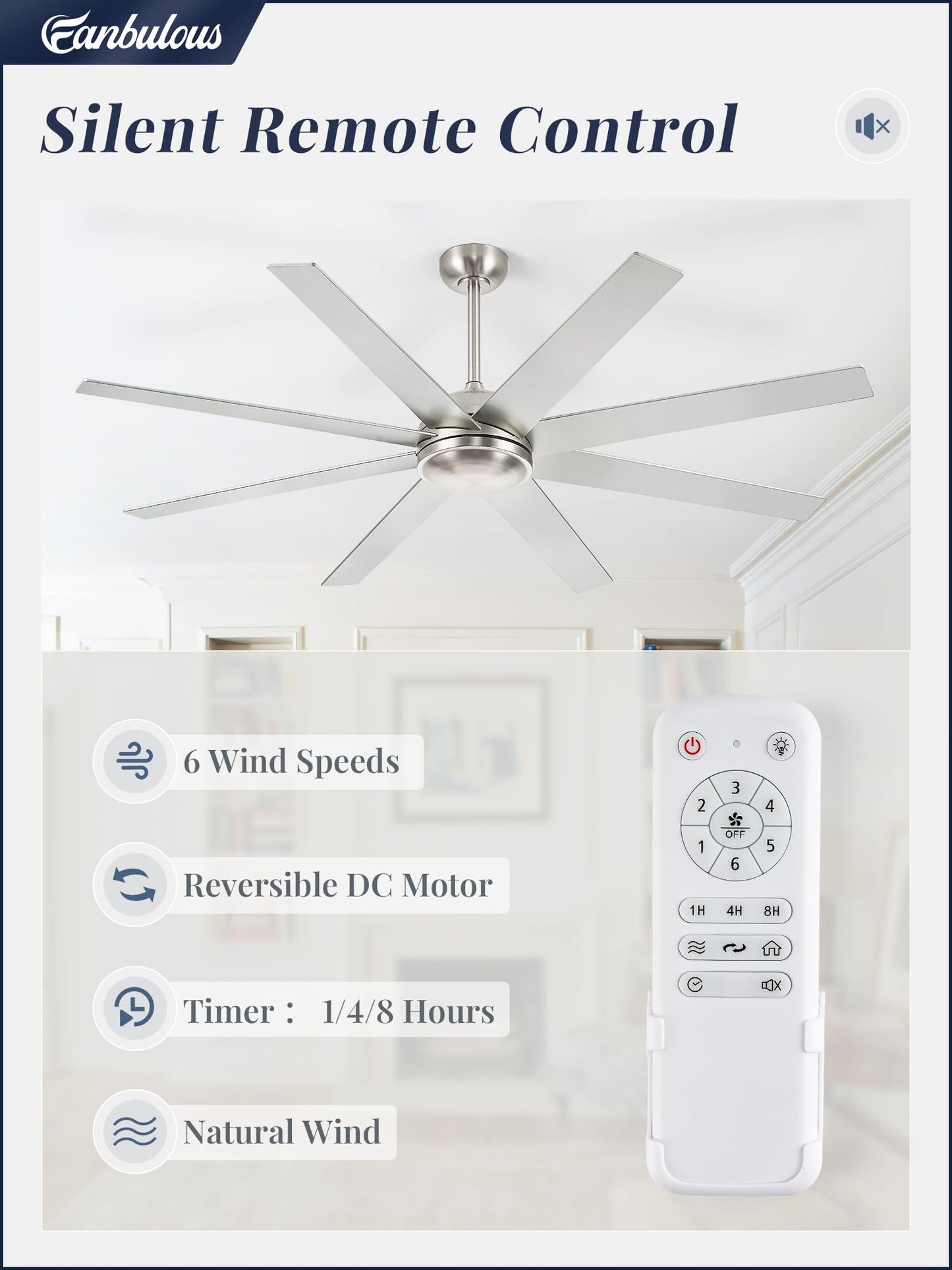 65 Inch Ceiling Fans No Light with Remote, Brushed Nickel Indoor/Outdoor Ceiling Fan Without Light with Quiet Reversible DC Motor, 6 Speeds, 8 Blades Large Ceiling Fan for Living Room Bedroom Patio