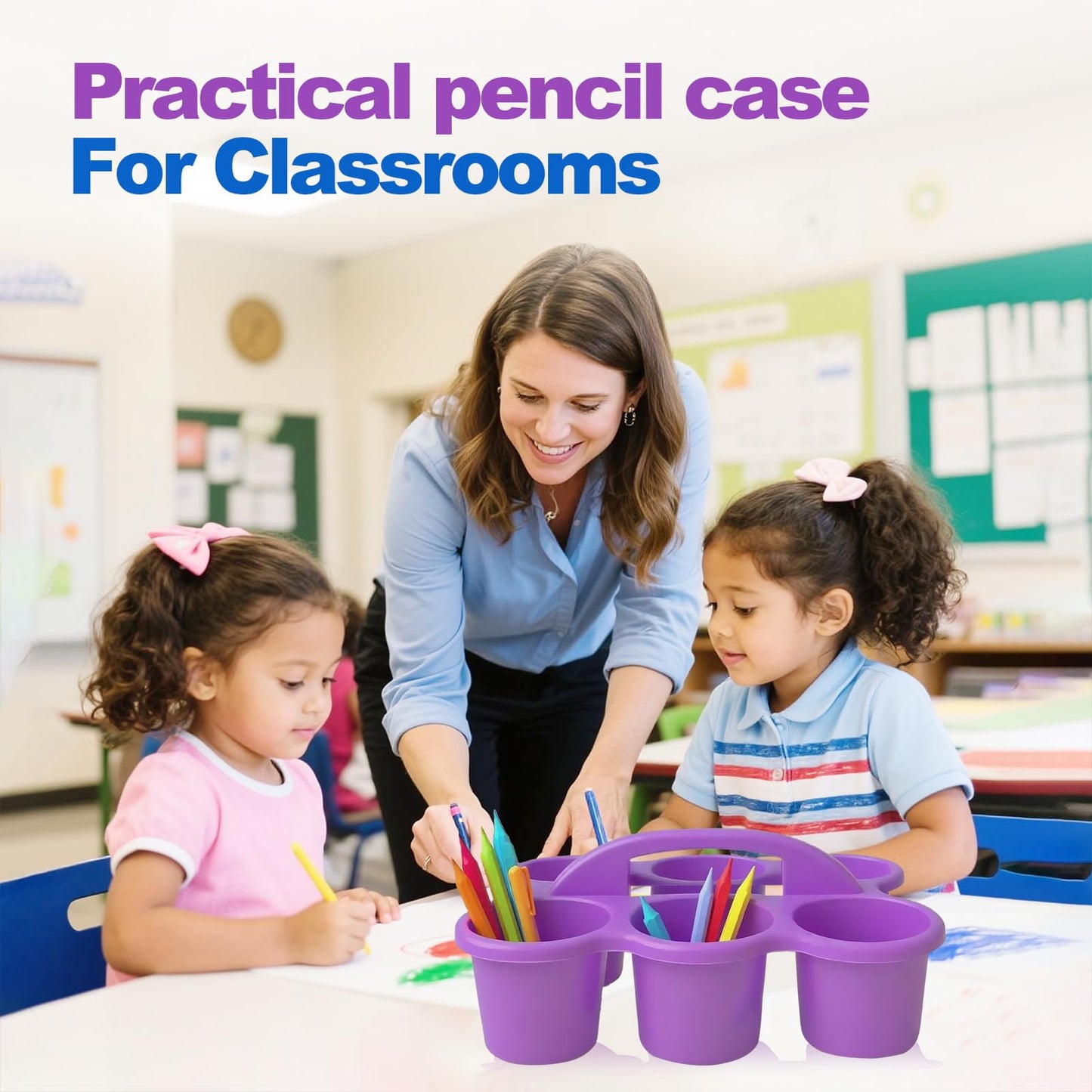 SSATISCN Multicolor Pencil Holders for Desk, 6-Cup Classroom Caddy with Handles, Durable Art Supply Organizer for School Office Home (Set of 6)