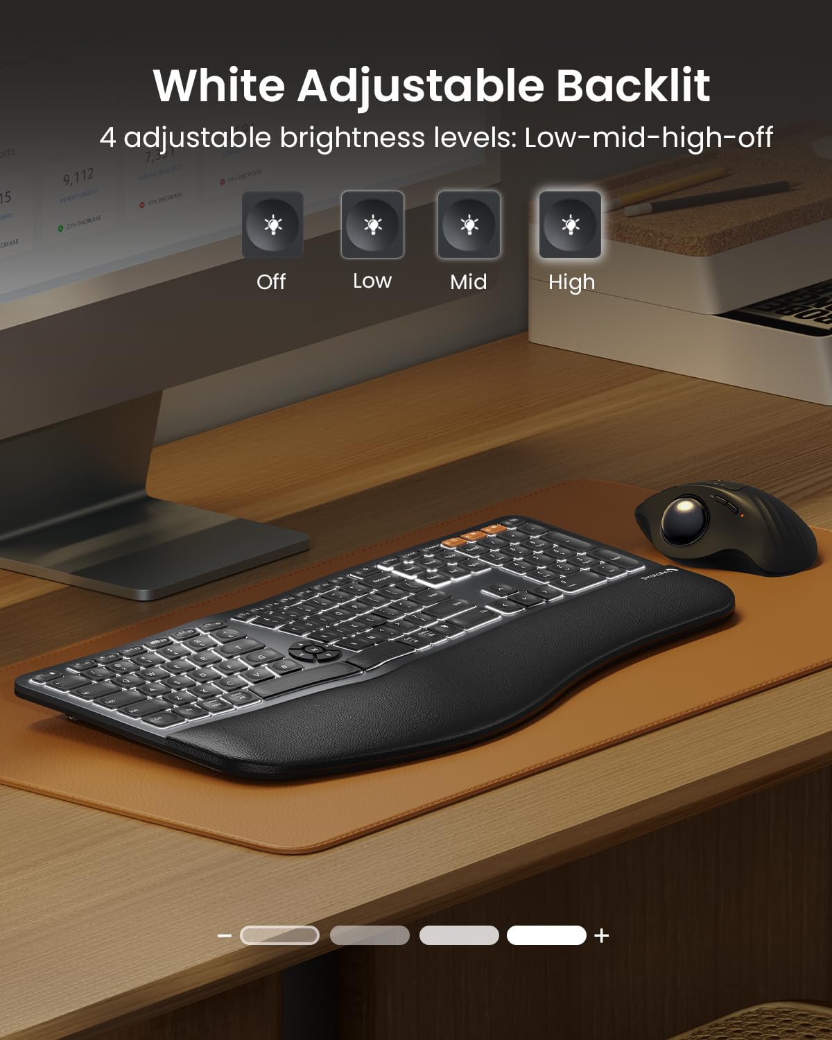 ProtoArc Backlit Wireless Ergonomic Keyboard, EK01 Plus Full Size Ergo Keyboard with Wrist Rest, Split Design, Rechargeable, Bluetooth and USB, Natural Typing Compatible with Windows/Mac/Android Black