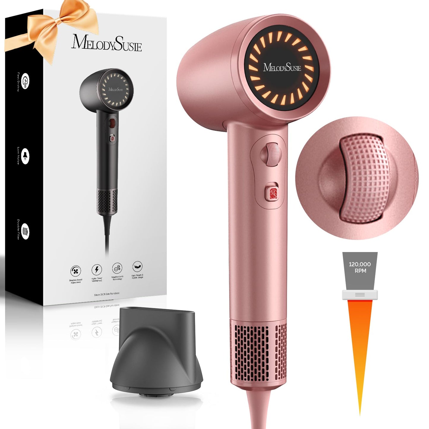MelodySusie Hair Dryer, 1600W Professional Fast Drying Blow Dryer,120,000 RPM High Speed Ionic Hair Dryer,3 Temps & Stepless Speed Low Noise Damage Free Hair with Thermo-Control,Pink