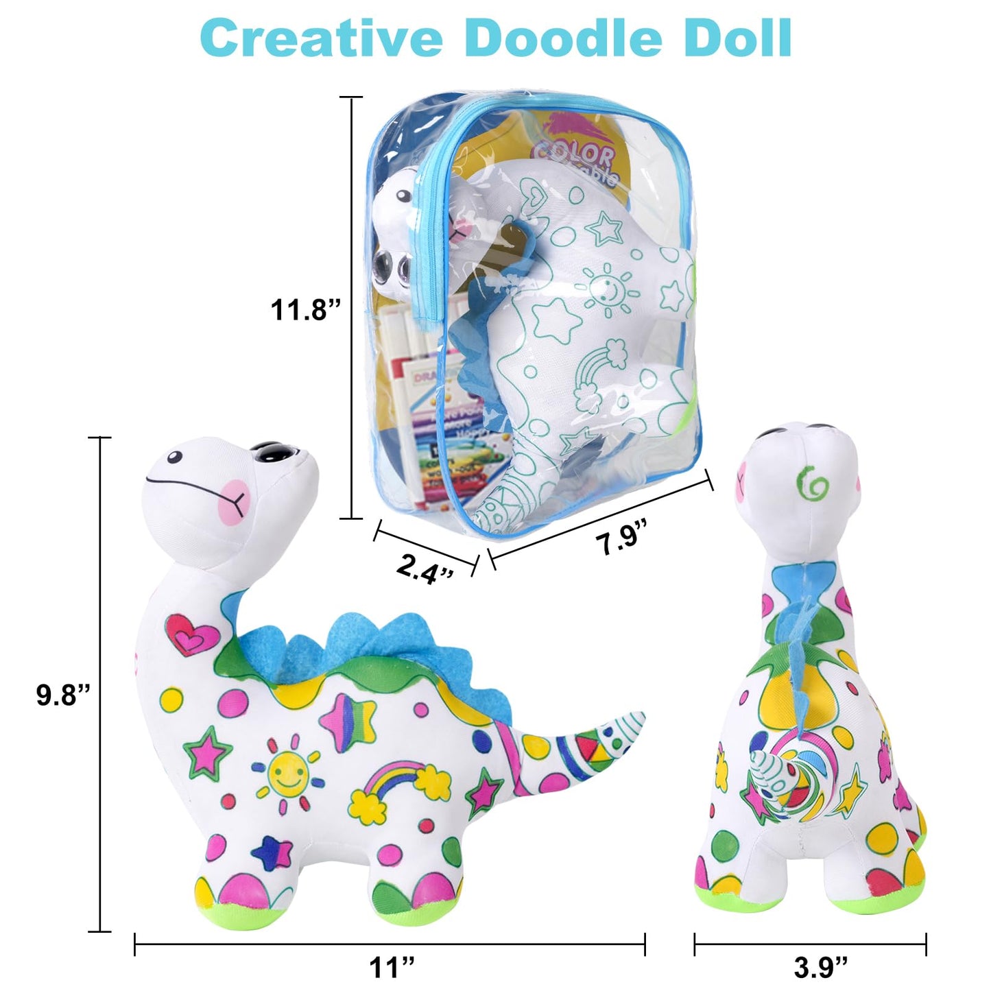 DIY Coloring Plush Toy with Washable Markers, Scribble Pets Stuffed Animal, Doodle Dolls Art Toy for Boys and Girls Ages 3-8, Birthday Gift (Dinosaur)