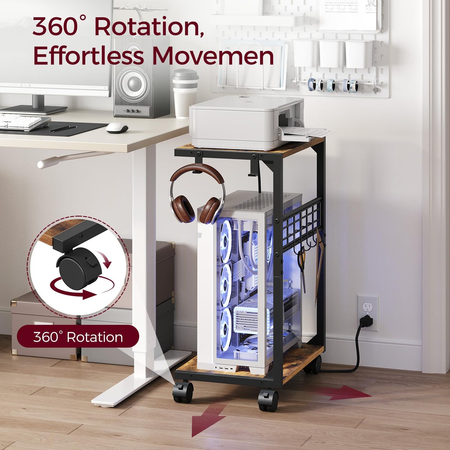 ZIIWIND PC Stand, Computer Tower Stand with Charging Station, 16.9"W x 11.4"D x 27.6"H, Computer Cart with Wheels and Hooks, CPU Holder for Carpet, Floor and Under Desk, Easy Assembly, Rustic Brown
