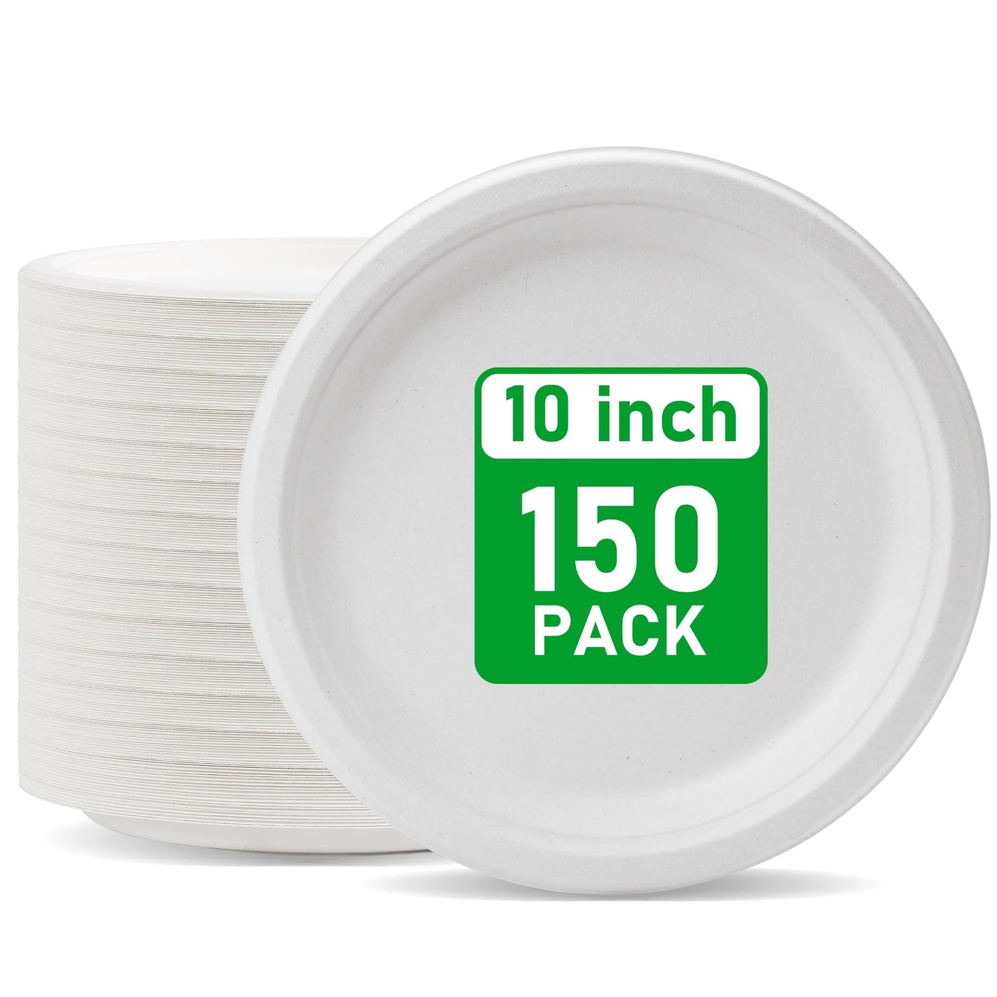 RACETOP Compostable Paper Plates 10 Inch [150 Pack], Disposable Biodegradable Heavy Duty Paper Plates, Made of Natural Sugarcane Fibers, Unbleached White, Round