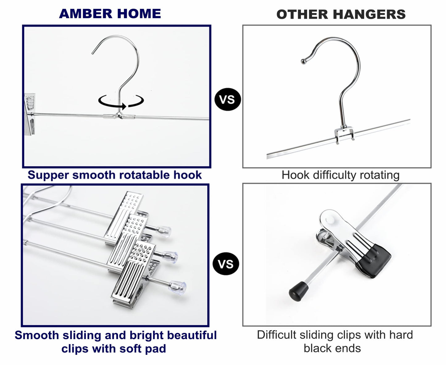 Amber Home 50 Pack Metal Pants Hangers with Clips, Heavy Duty Metal Skirt Hangers with 2-Adjustable Clips, Bottom Hangers for Shorts, Jeans, Trousers (50)