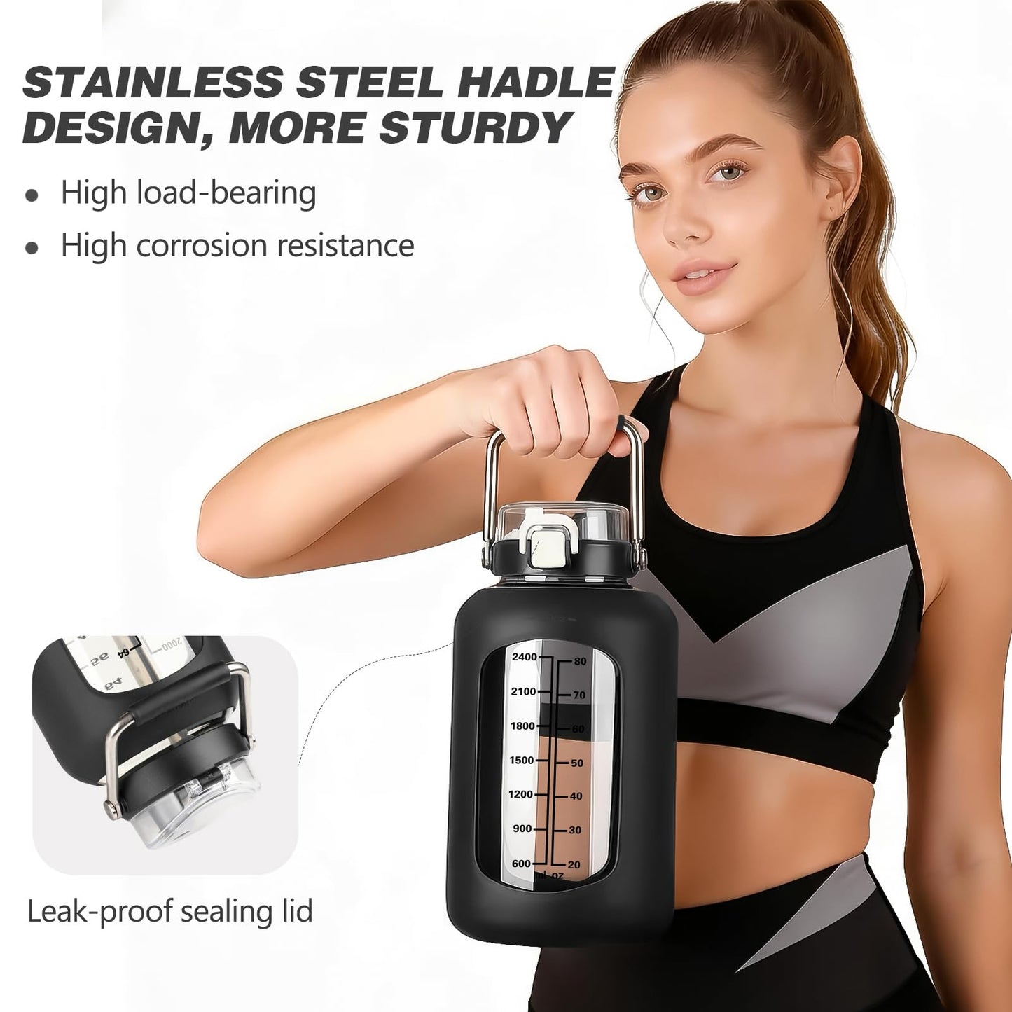 MUKOKO 100oz Glass Water Bottle with Time Marker and Silicone Sleeve 3L Large Water Jug with Stainless Steel Handle Gallon Drinking Bottle with 2-in-1 Lid Wide Mouth BPA Free, Black