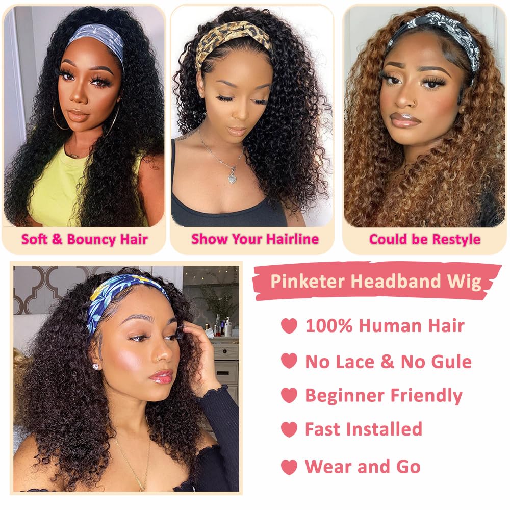 Headband Wig Human Hair Kinky Curly Headband Wig Human Hair None Lace Front 150% Density Brazilian Virgin Human Hair Headband Wigs for Black Women Natural Color (Headband Wig, 18inch)