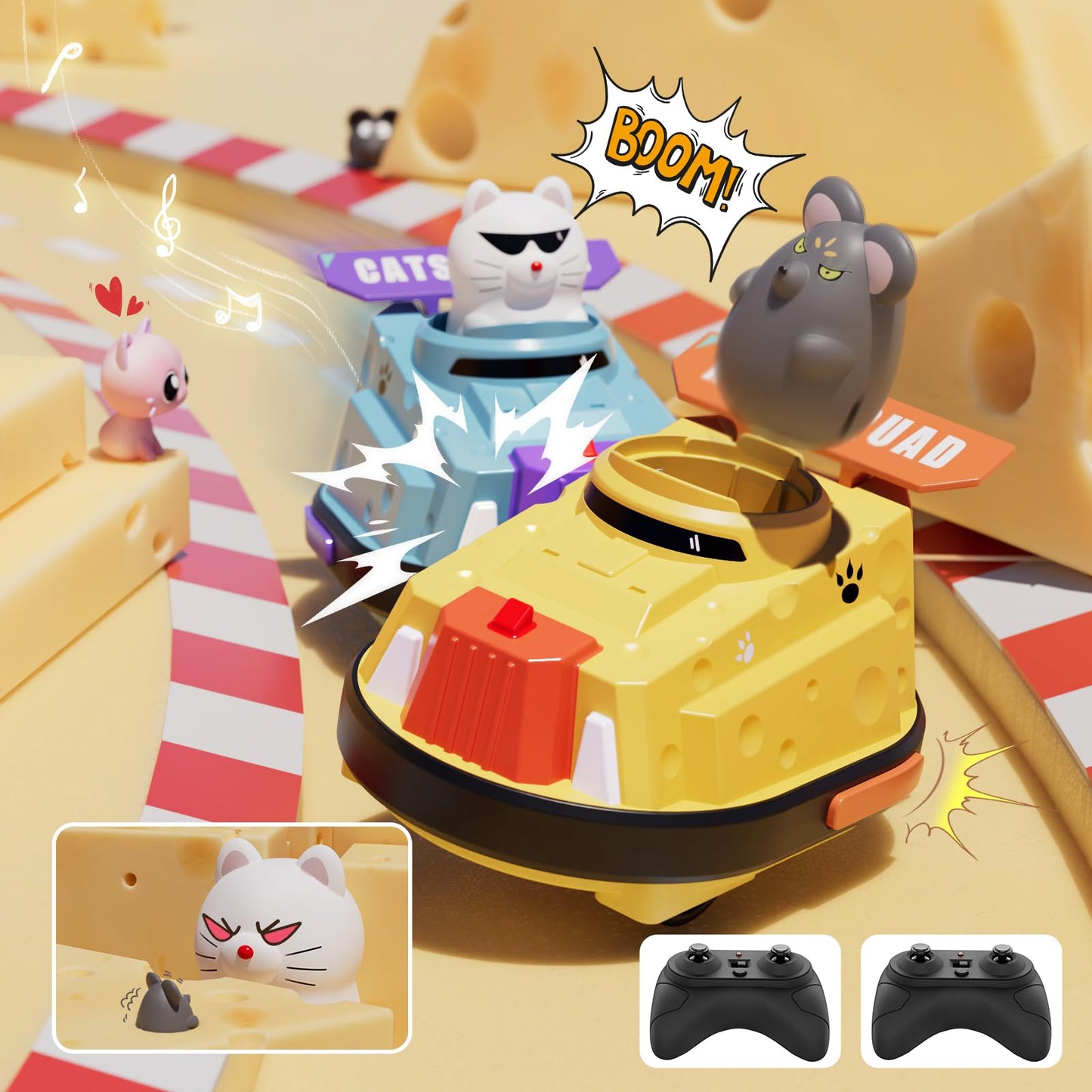 deependo 2 Pack Remote Control Car, RC Ejecting Bumper Car for Kids, Cat and Rat War Cheese Bumper Car, Car Toys for Ages 5-7, Christmas Birthday Gifts Toys for 3 4 5 6+ Year Old Boys Girls
