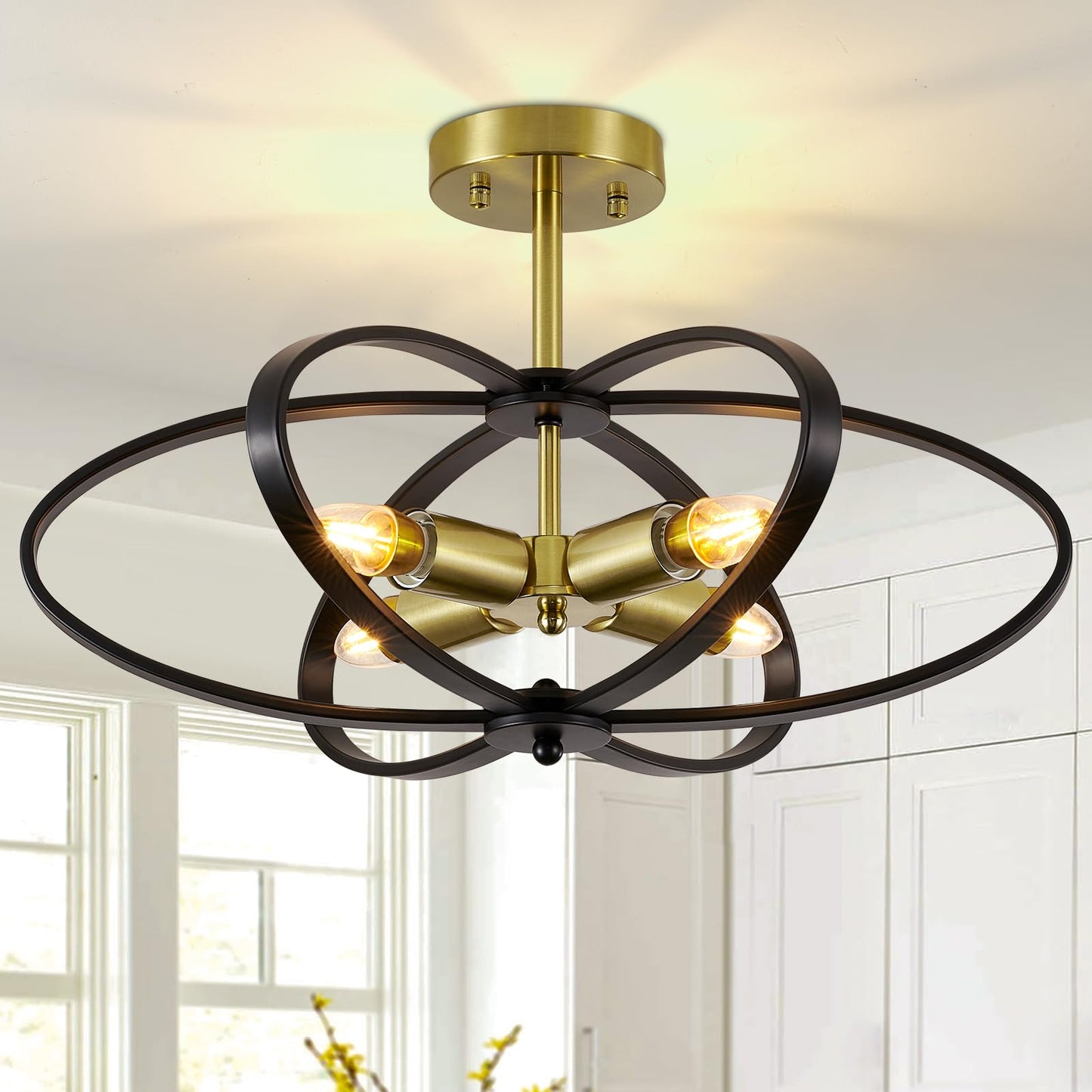 Semi Flush Mount Ceiling Light Chandelier 20'' Black and Gold Modern Light Fixtures Ceiling 4-Light Farmhouse Chandelier Style Flower Shape for Bedroom,Kitchen,Porch,Hallway