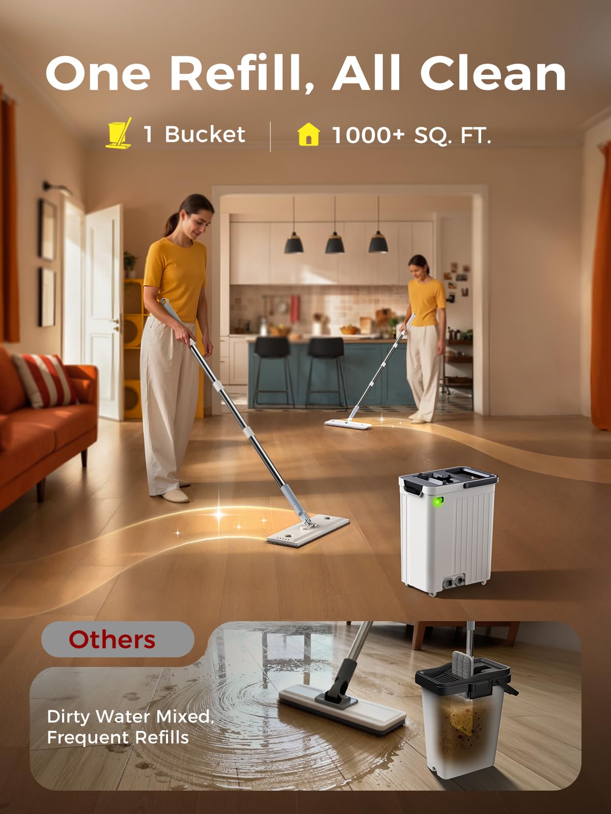ADICOM Mop and Bucket Set | Auto-Spray Cleaning | Dirty Water Separation Keep Water Fresh | Flat Mop & Bucket with Wringer | 3x Washable Pads | High-efficiency Cleaning for All Floors Tile Wall Window