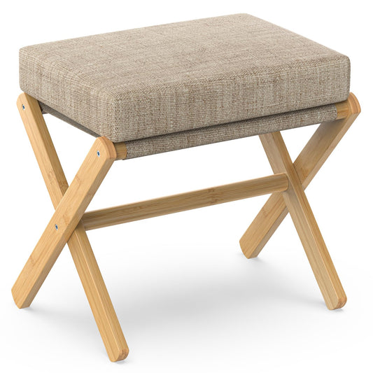 BAMBOOHOMIE Foldable Foot Stool Ottoman, Modern Foot Rest with Bamboo X Legs & Thick Foam Cushion, Folding Foot Stools Small Padded for Bedroom Living Room, Makeup Vanity Stool Chair (Natural - Brown)