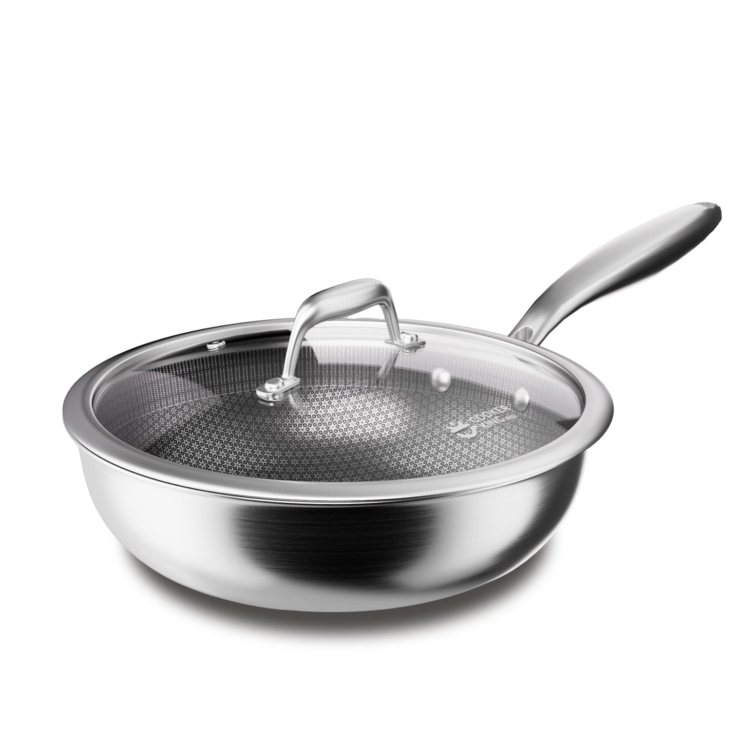 COOKER KING 12-Inch Hybrid Stainless Steel Wok with Lid, Nonstick Stir Fry Pan & Deep Frying Pan, Tri-Ply Clad Honeycomb Everyday Pan, Induction Ready, Oven & Dishwasher Safe, PFOA Free