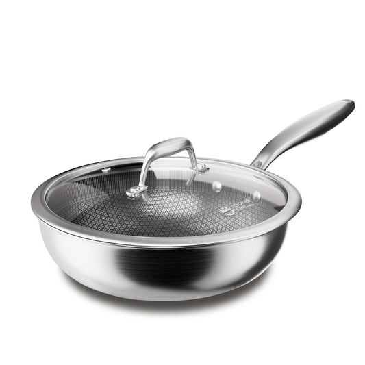 COOKER KING 12-Inch Hybrid Stainless Steel Wok with Lid, Nonstick Stir Fry Pan & Deep Frying Pan, Tri-Ply Clad Honeycomb Everyday Pan, Induction Ready, Oven & Dishwasher Safe, PFOA Free