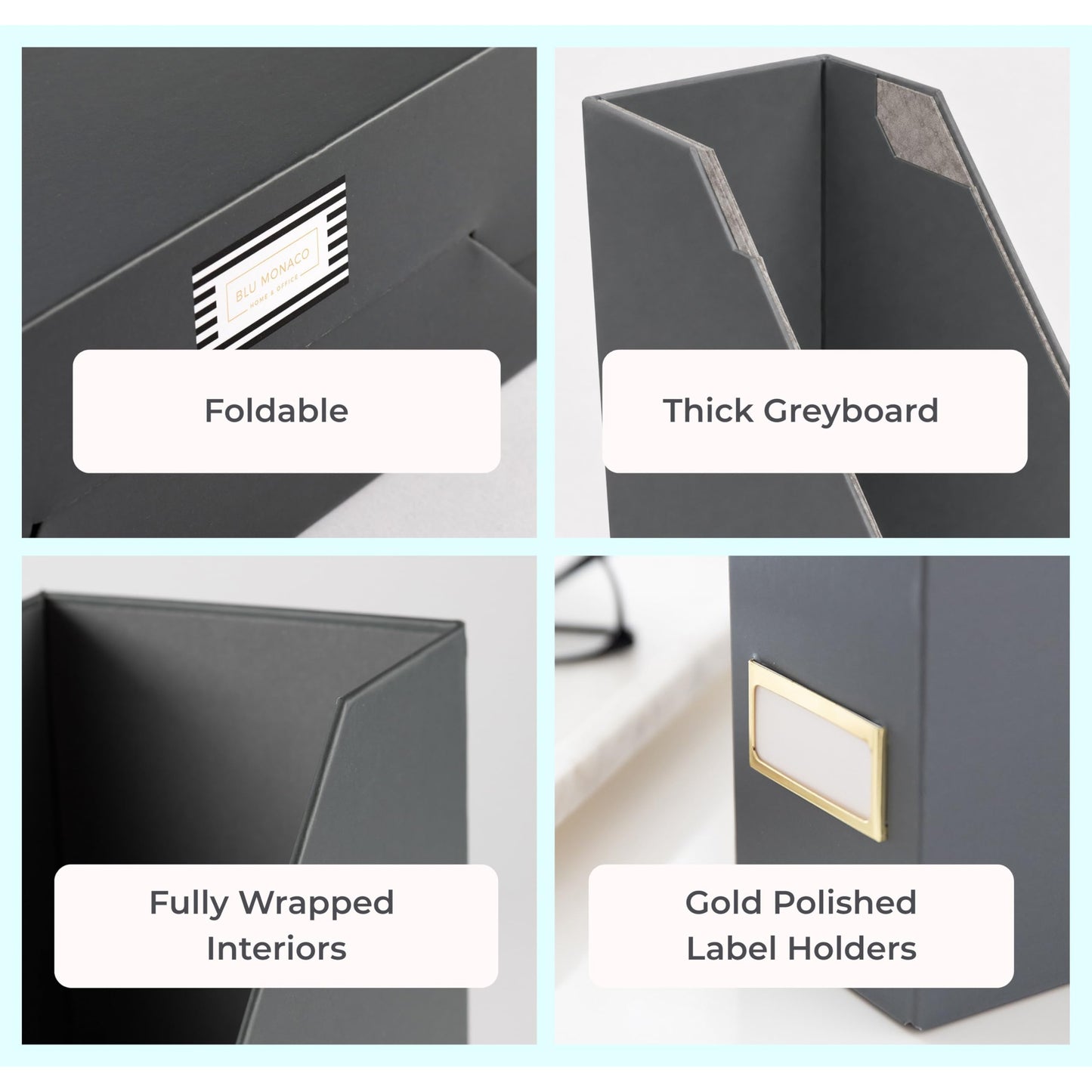 BLU MONACO | Set of 6 Foldable Grey Magazine File Holders with Gold Label Holders | Vertical File Organizer Boxes for Desk, Bookshelf & Home Office Storage