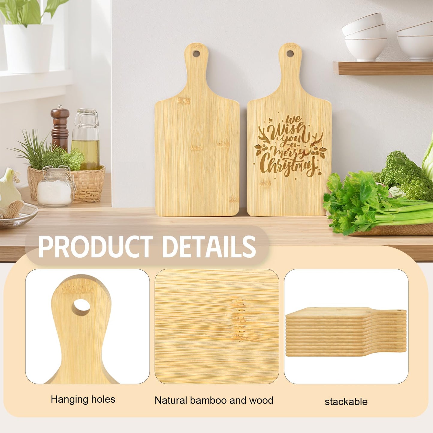 30 Pcs Cutting Boards with Handle 11" x 5" Wood Chopping Board Bulk Charcuterie Wooden Boards Laser Engraving Serving Tray Bulk for DIY Christmas Wedding Housewarming Gift Cooking Decor (Bamboo)