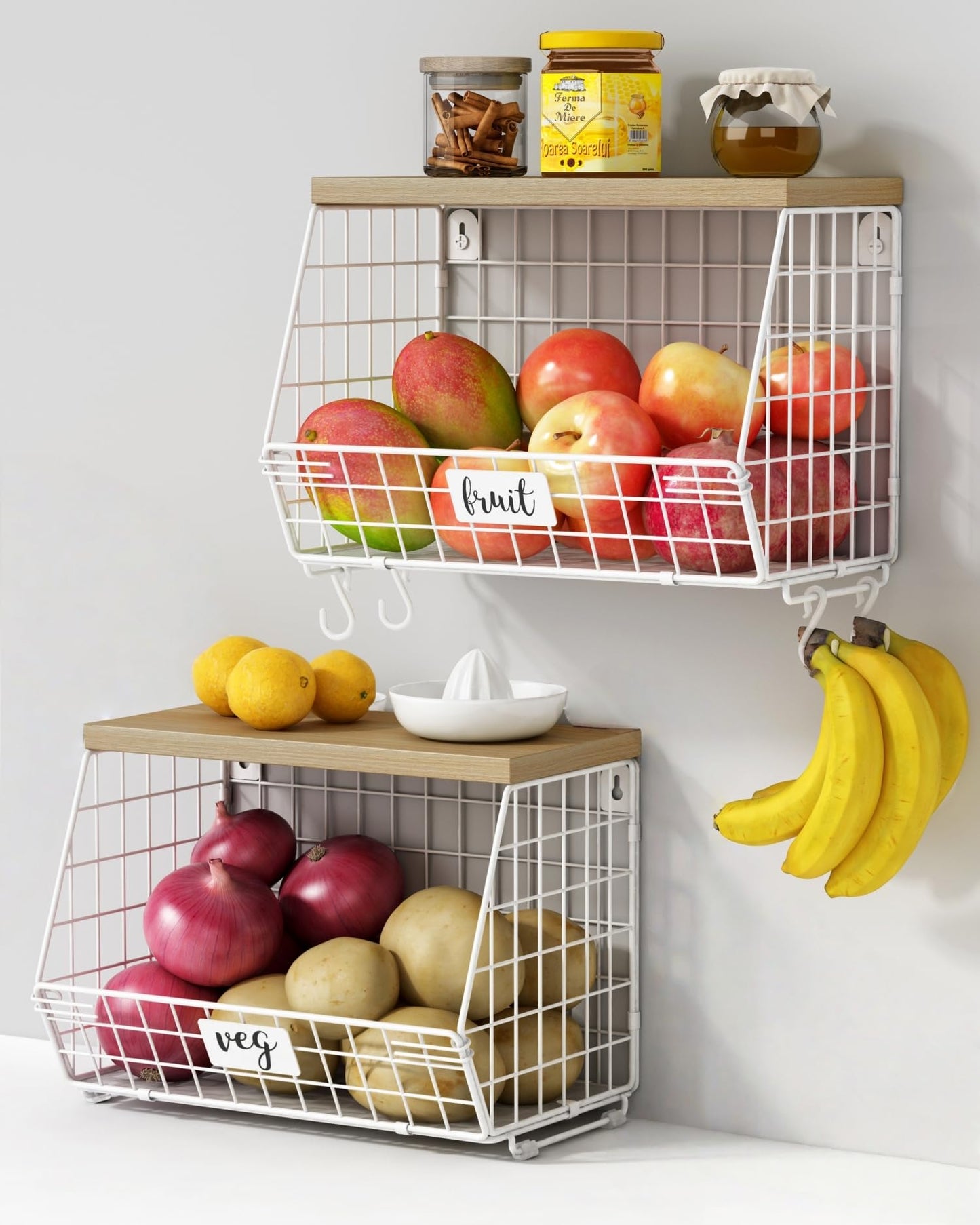 Goozii White Fruit Storage Basket for Kitchen Counter Set of 2, Wall Mount Wire Fruit Basket with Shelf with Banana Hanger, Hanging Countertop Organizer for Bathroom Pantry Cabinet, White + Natural
