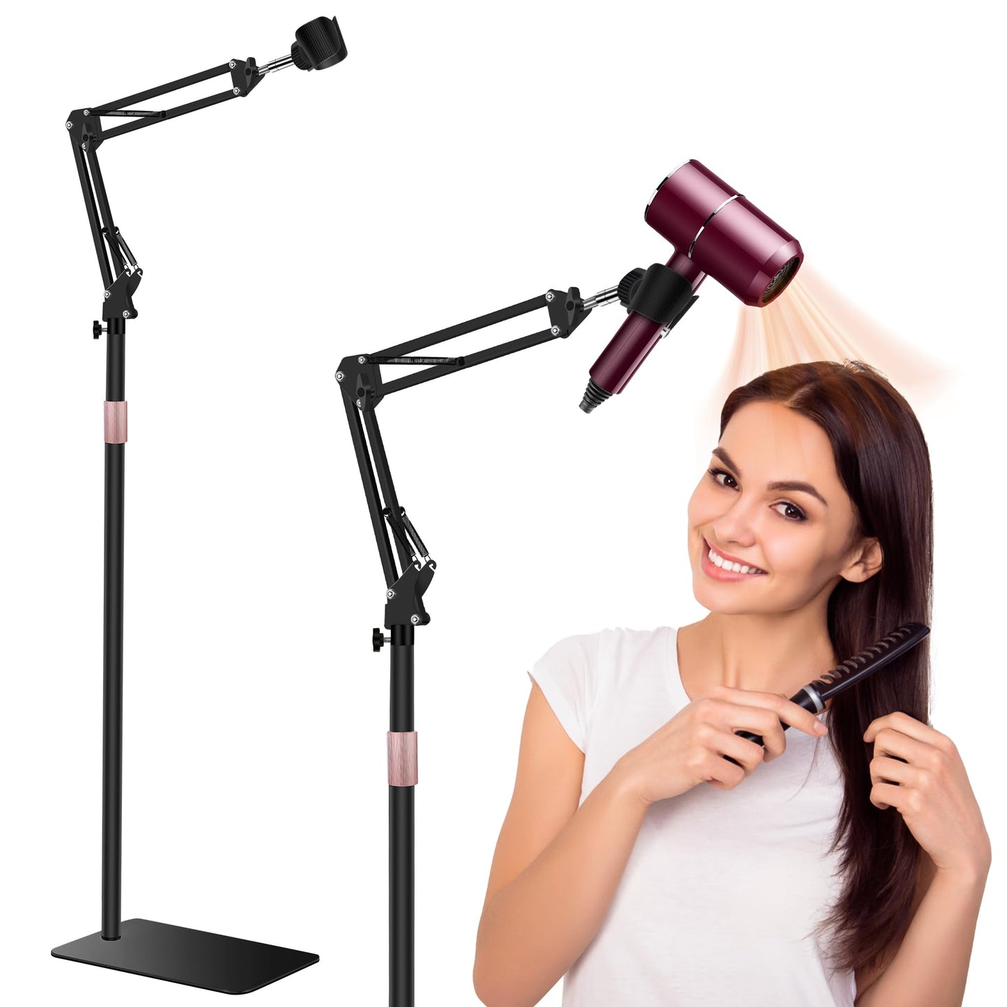 Vivnoon Hair Dryer Stand, 1.68M Height Adjustable, Hands Free Blow Dryer Holder with Heavy Base, 360 Degree Rotating, Work with 99% Dryers, Gift for Mom, Elder, Frozen Shoulder - Black