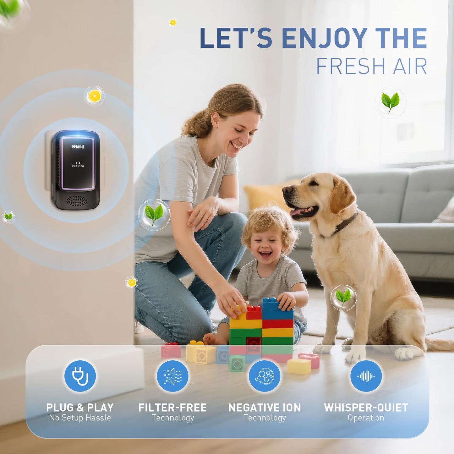 EEland Air Ionizers for Home (3 Pack), Air Purifier Plug In, Portable Negative Ion Generator, Cat Litter Deodorizer, Ozone Free Quiet Air Freshener for Pet Odor, Bedroom & Office