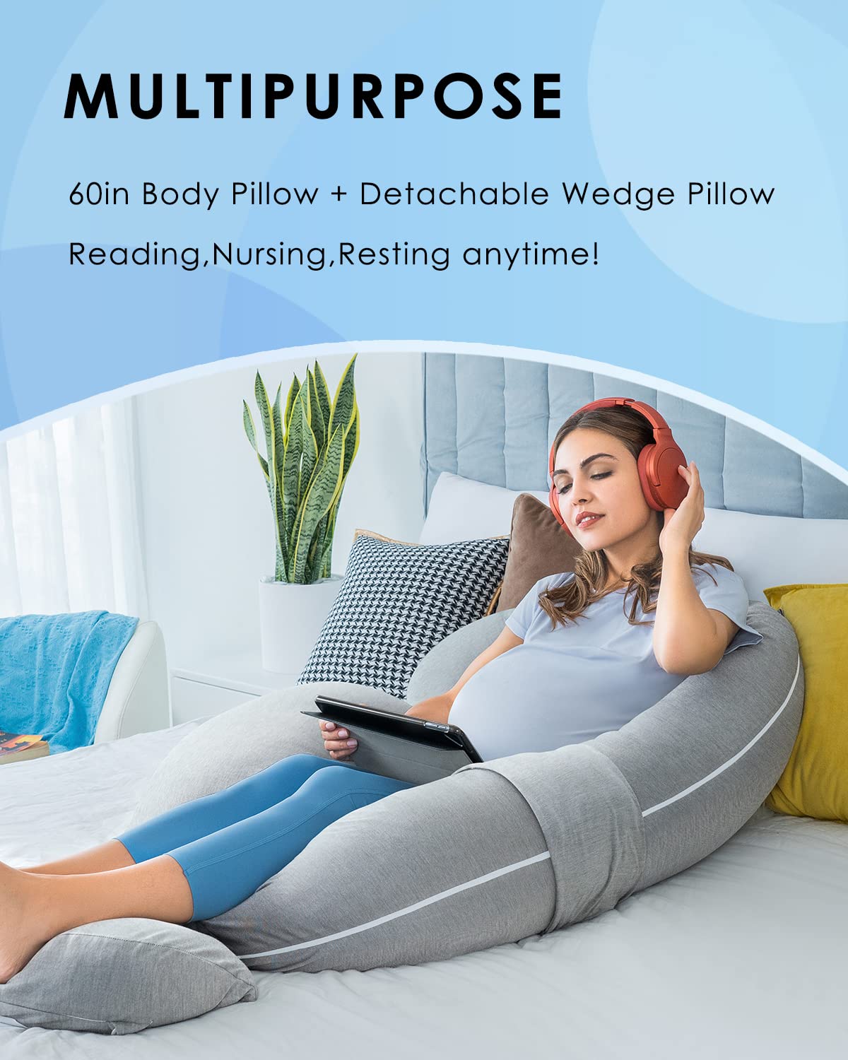 QUEEN ROSE Pregnancy Pillow, E Shaped Body Pillows for Sleeping Support, 60 Inch Maternity Pillow for Pregnant Women with Cooling Silky Cover, Grey