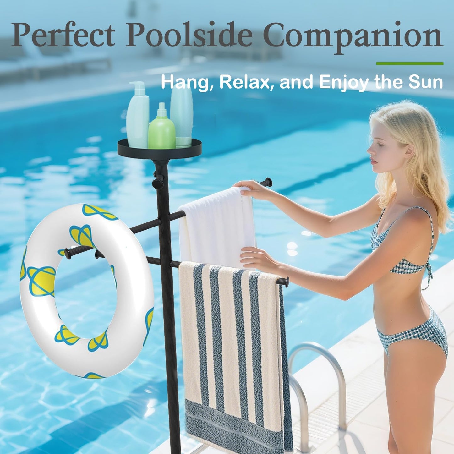 YACONA Pool Towel Rack Outdoor with Built-in Tray – Adjustable, Heavy-Duty Towel Racks & Storage for Backyards