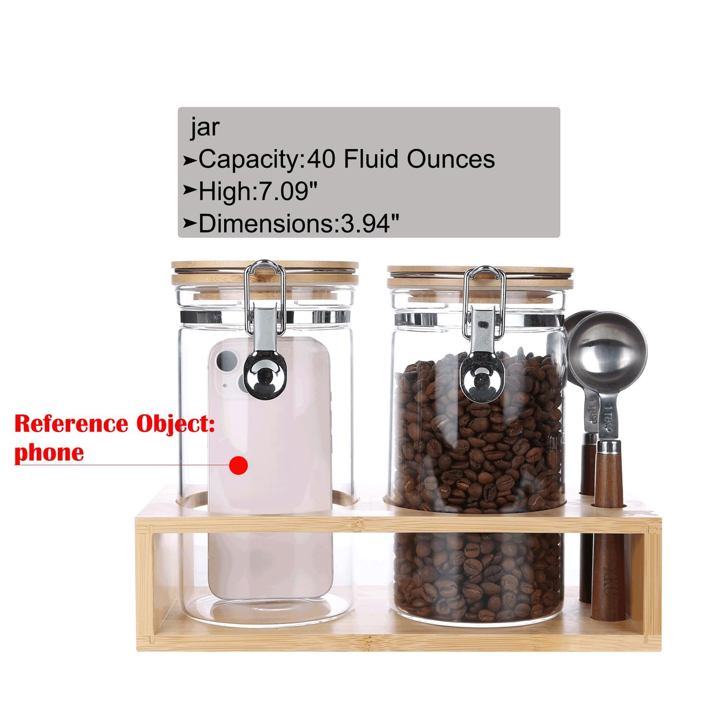 KKC Glass Coffee and Sugar Containers with Airtight Hinged Lids,Sealed Glass Jar Canisters with Scoops for Ground Coffee,Beans,Loose Leaf Tea,Nuts,Matcha,40 Fl oz