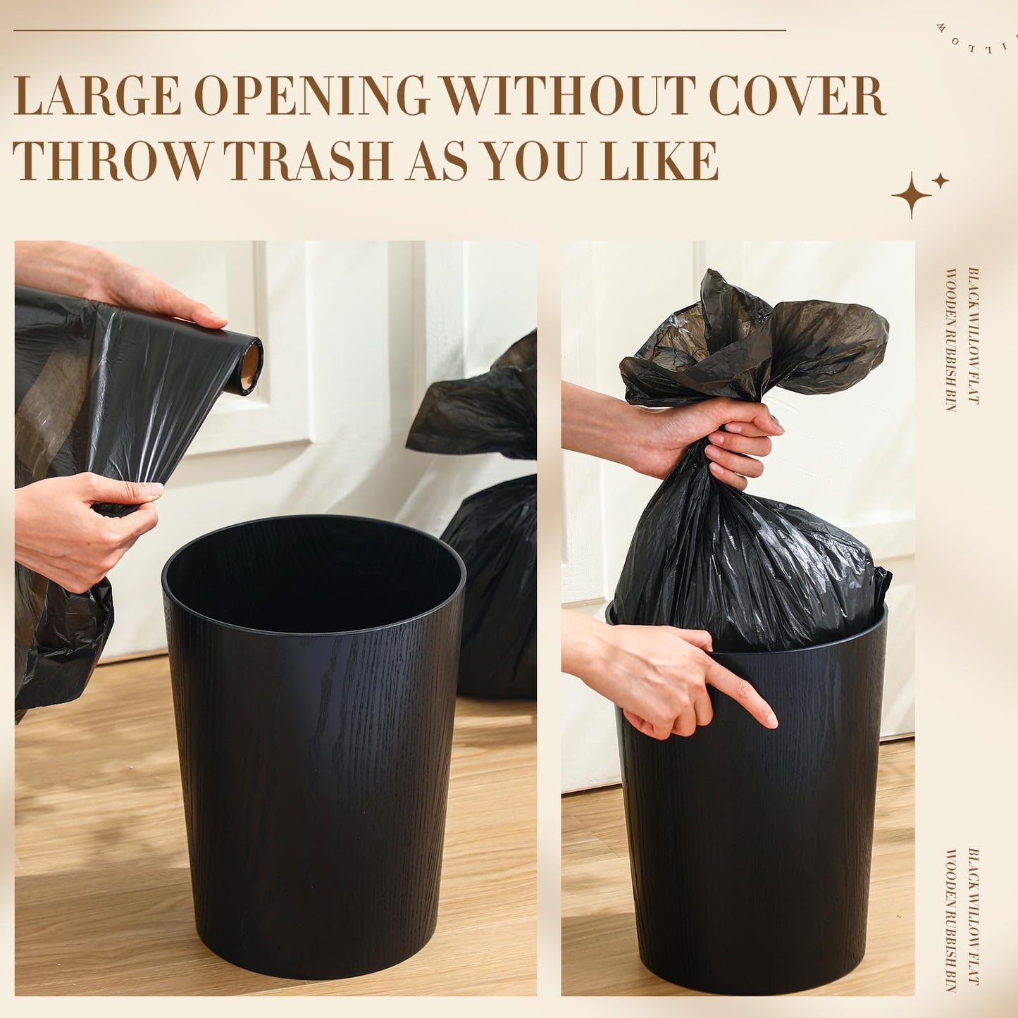 Threehoney 2 Pack 2.3 Gallons Wood Trash Can Wastebasket Natural Wood Round Wastebasket Small Trash Bin for Home, Office Under Desk, Kitchen, Bedroom, Hotel, Room(Black,Flat)