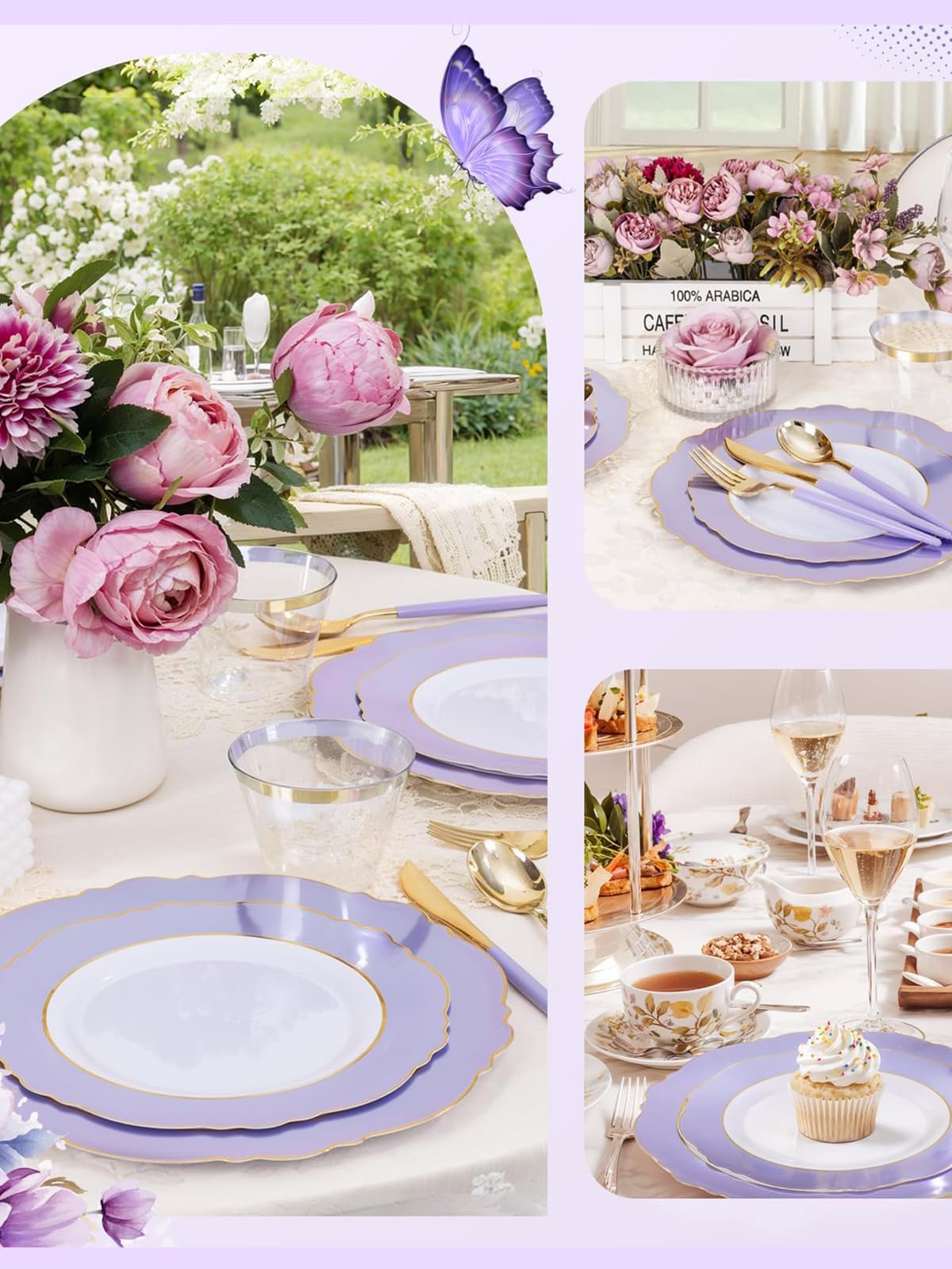 WDF 150Pcs Purple Plates Disposable - Baroque Lavender Purple and Gold Plates - 25Guest Plastic Dinnerware Ideal for Wedding/Party/Birthday/Bridal Shower