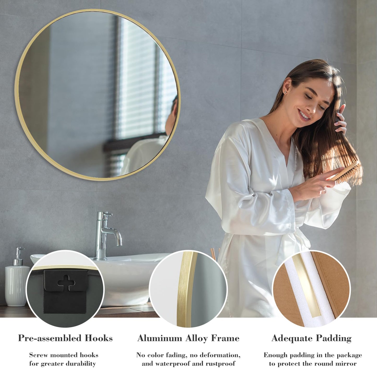 NEWBULIG Round Bathroom Mirror for Over Sink, 36 Inch Wall Mount Vanity Circle Mirror with Matte Metal Framed, Decor for Bathroom, Entryway, Bedroom, Gold