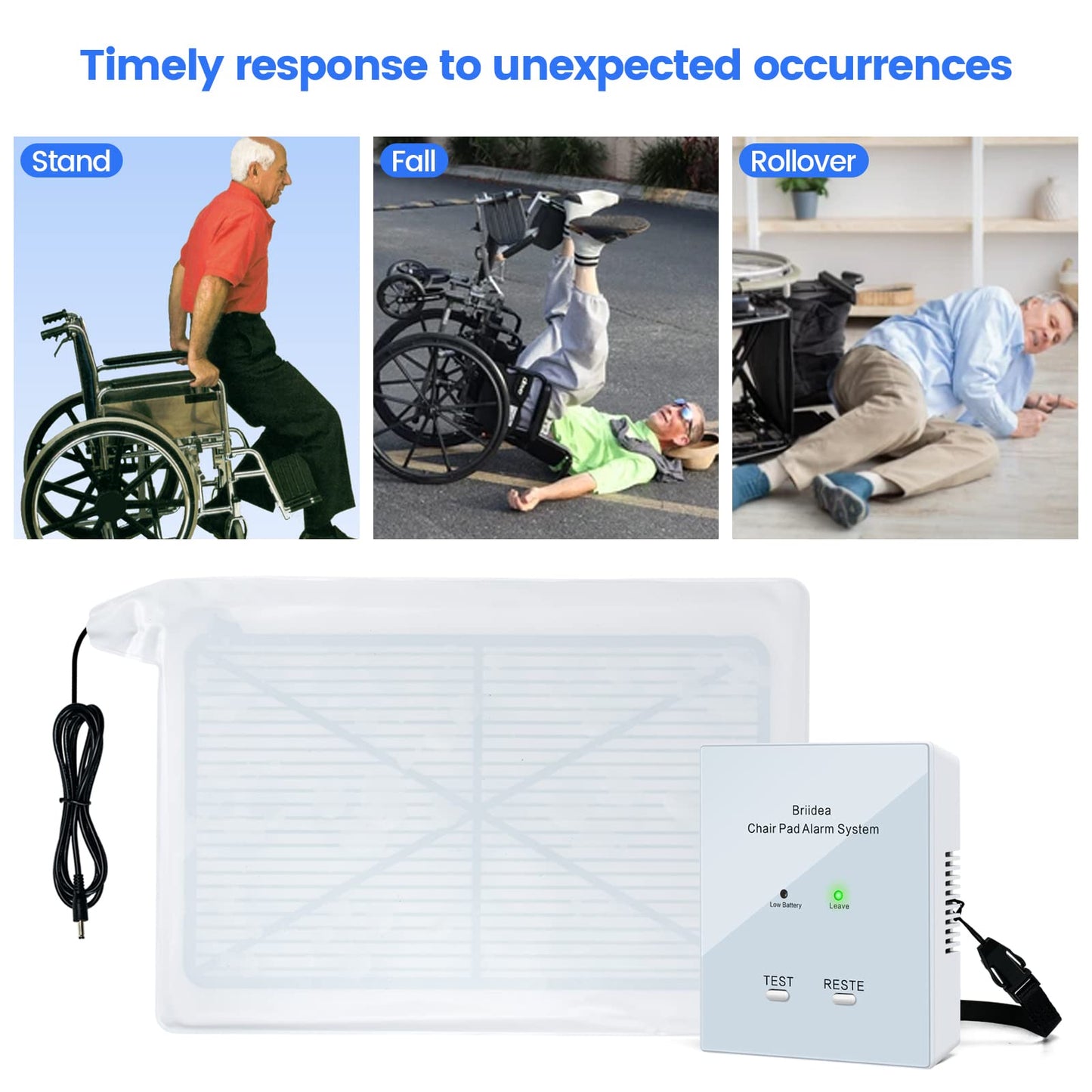 Chair Alarm for Elderly Dementia Patients, Briidea Chair Alarms and Fall Prevention for Elderly, Dual Protection of Lighting and Sound, Easy to Clean, Protecting The Safety of Wheelchair Users