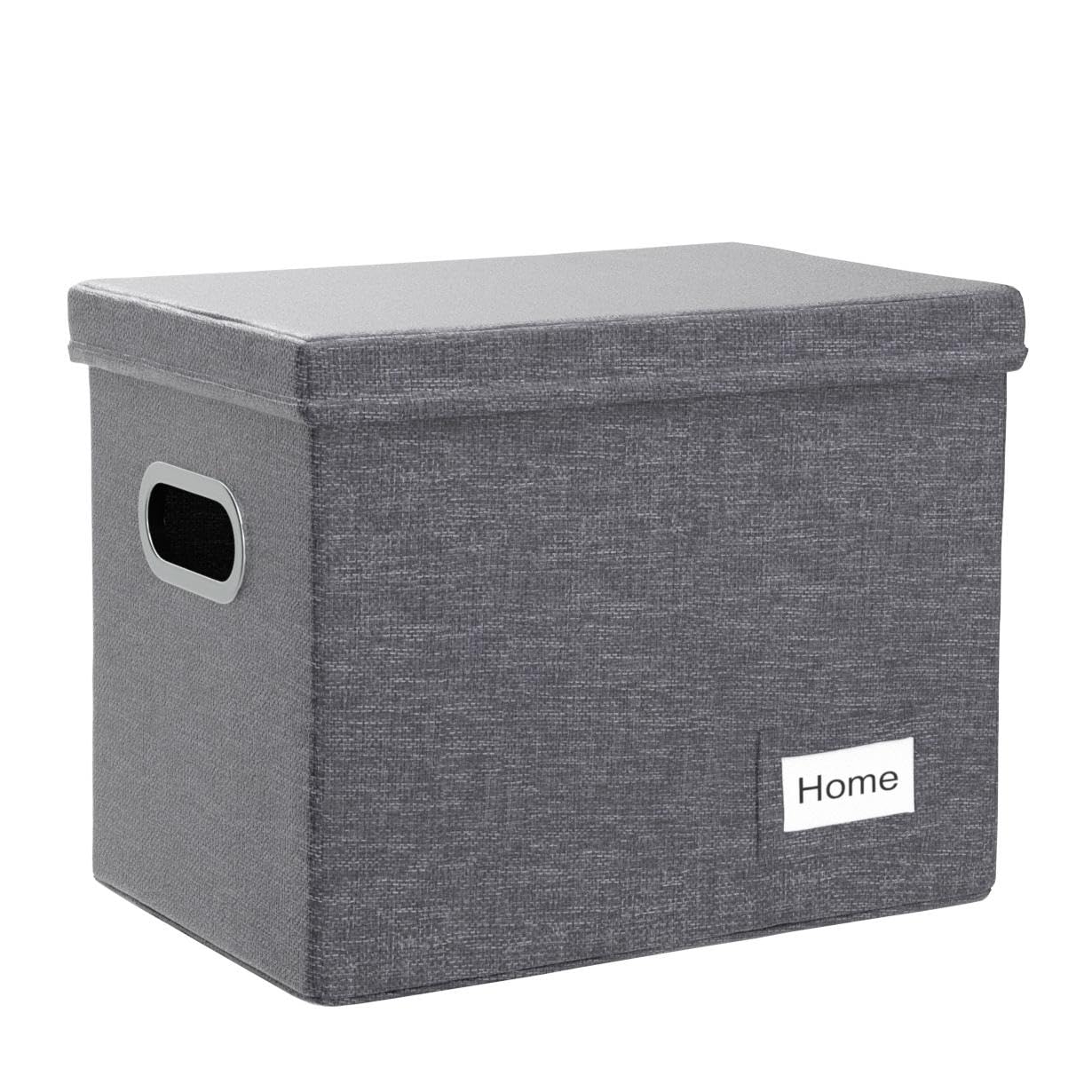 PRANDOM File Organizer Box - Set of 2 Collapsible Decorative Linen Filing Storage Hanging File Folders with Lids Office Cabinet Letter Size Grey (14x9.3x10.8 inch)