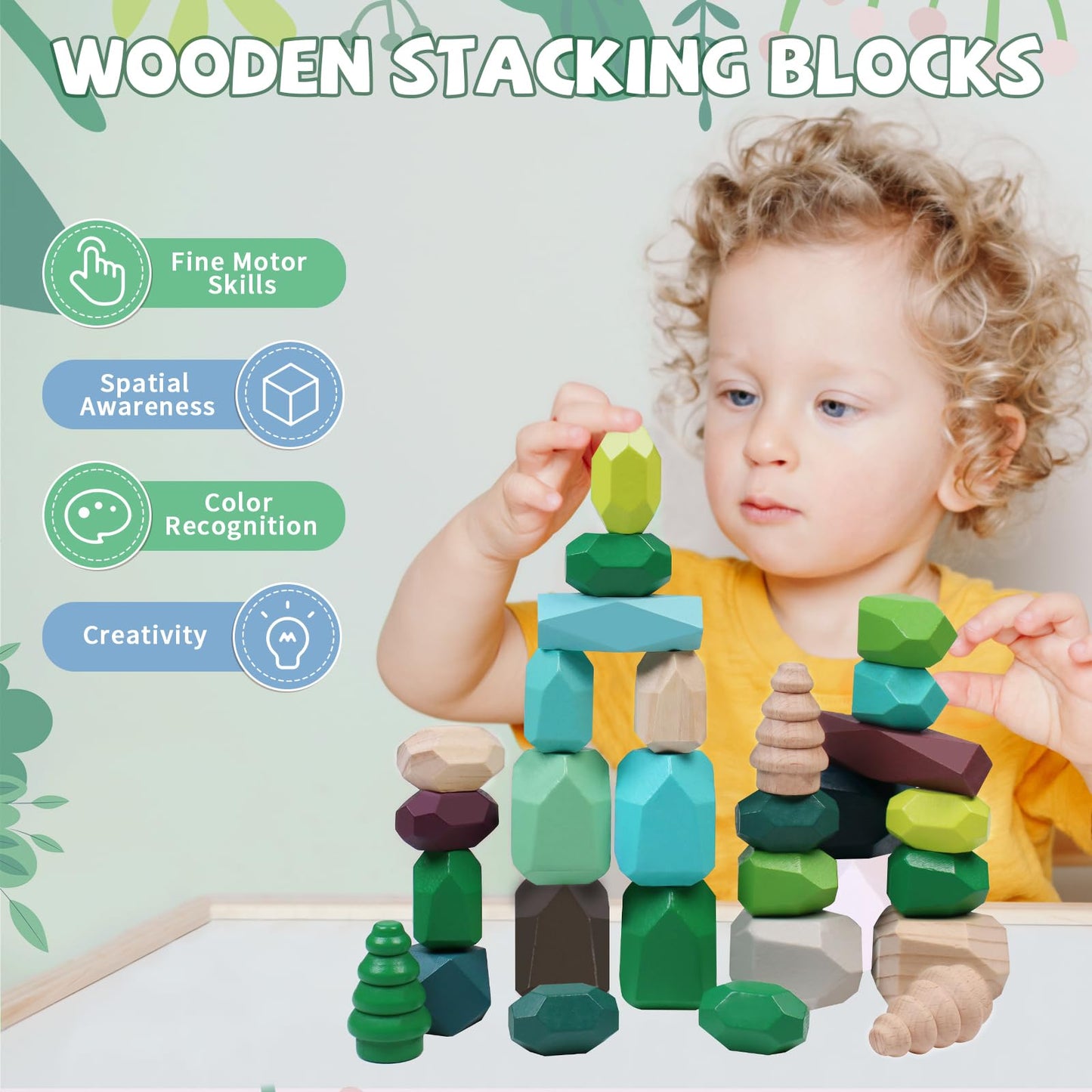 YHHYTOY - 40 Pieces Wooden Stacking Building Blocks Woodland Themed Sensory Learning Montessori Toys for 3 4 5 Year Old Boys Educational Preschool STEM Toys for Kids
