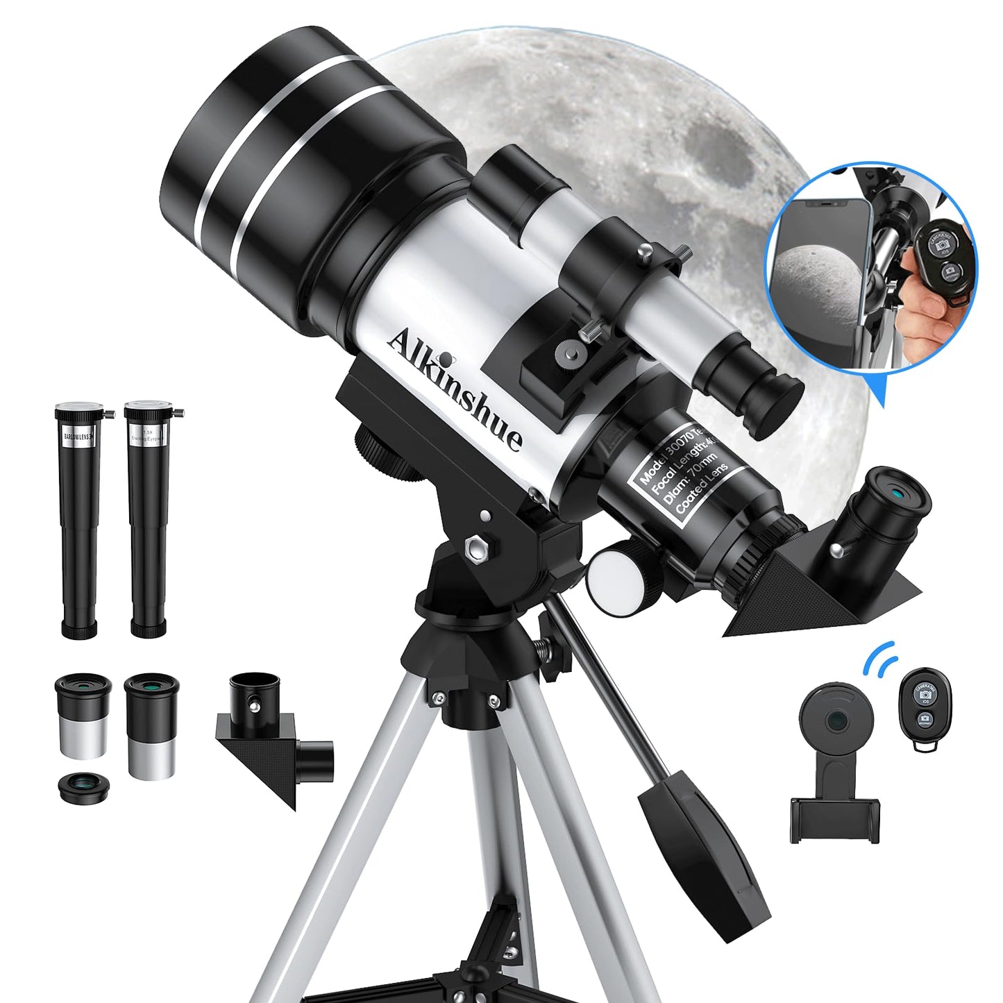 Telescope for Beginners and Kids, 70mm Aperture 400mm Refractor Telescope (15X-150X) for Astronomy Beginners, Portable with Adjustable Tripod & Wireless Remote