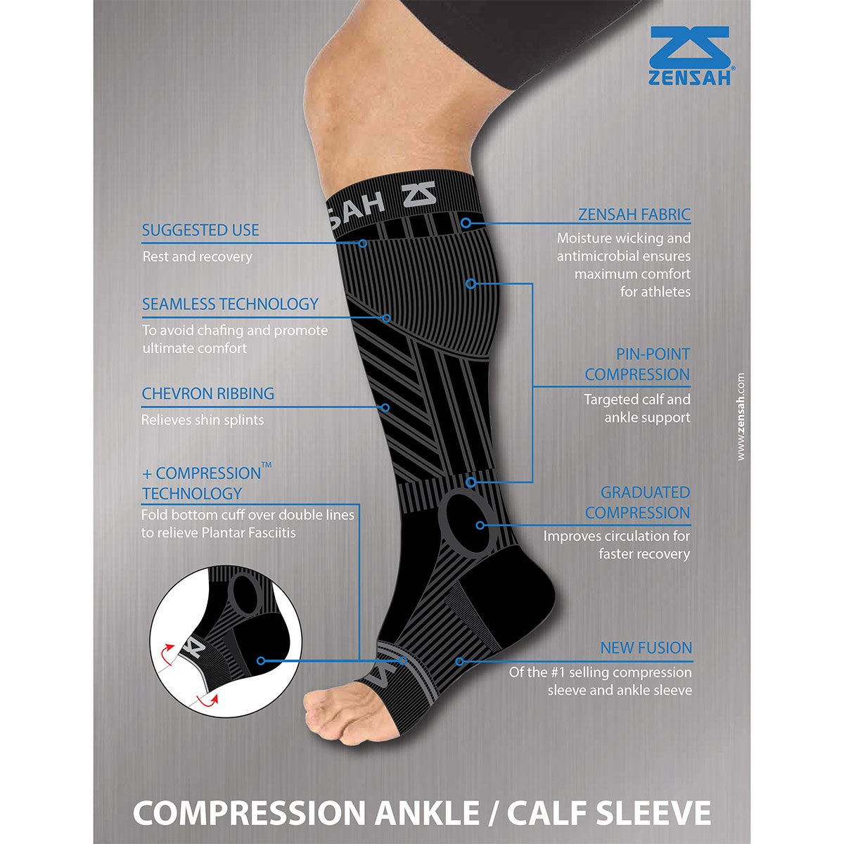 Zensah Ankle/Calf Compression Sleeves- Toeless Socks for Circulation, Swelling for Men and Women, Black, Large
