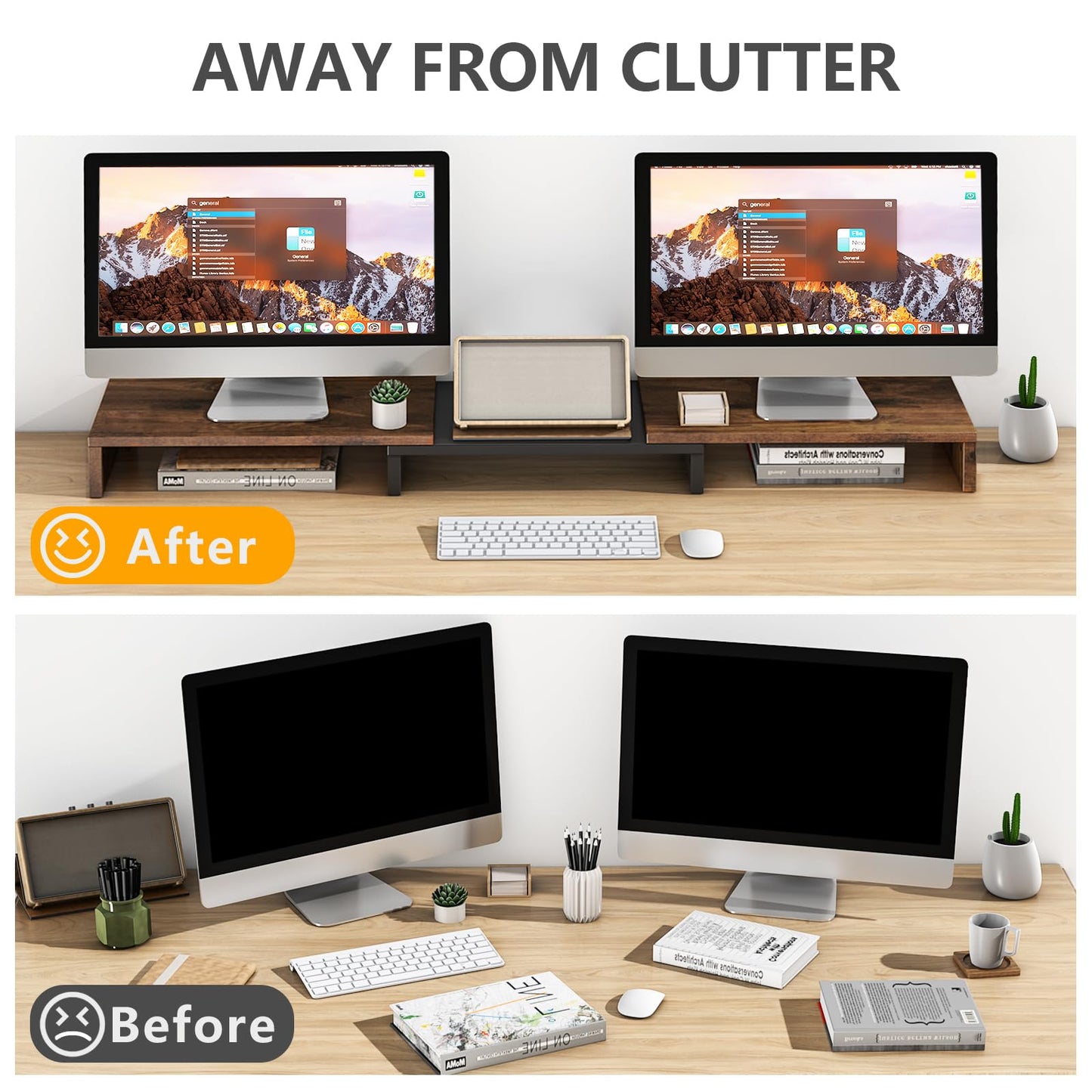 TAVR Dual Monitor Stand Riser, Computer Monitor Stands for 2 Monitors, Extra Long Multifunctional Wooden Desktop Organizer Riser for Computer, Laptop, PC, Printer, TV, Max 43.3" Length, Rustic Brown