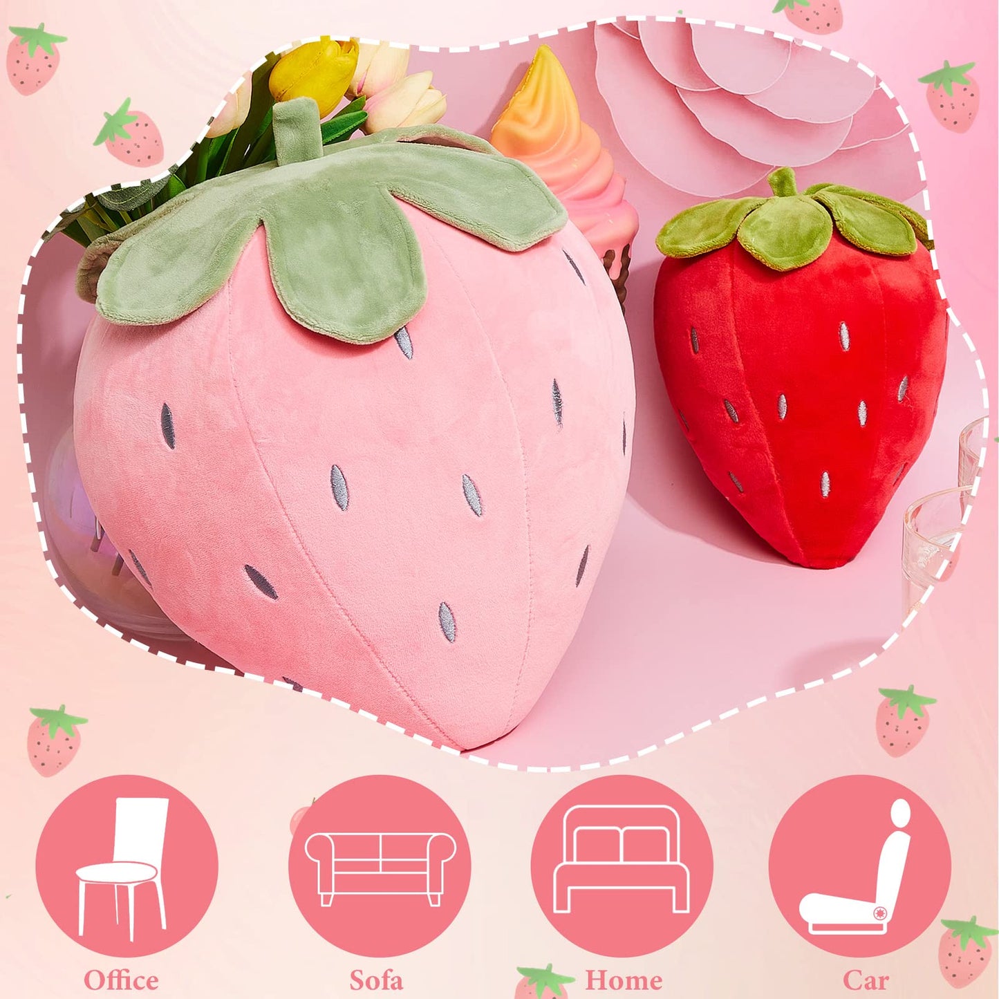 Juexica 2 Pcs Strawberry Pillow 15.7 Inch 9.8 Inch, Fruit Plush Pillow, Soft Kawaii Strawberry Bedroom Decor, Birthday Gifts for Women, Aesthetic Cute Berry Decor(Red，Pink)