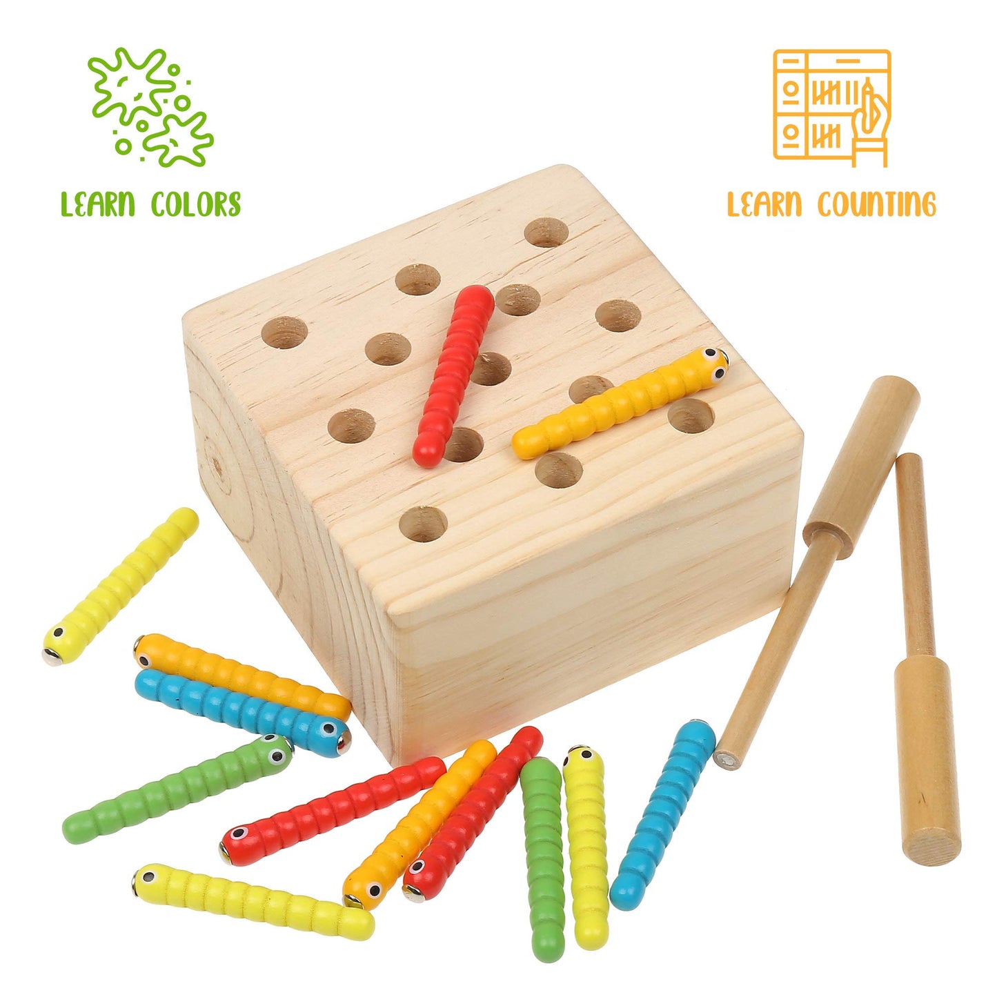 Wooden Montessori Bug Catching Toy with 13 Magnetic Worms and 2 Wand Rods - Fine Motor Skills Educational Toy for Toddlers and Kids 3 Years and Up, Hand Eye Coordination Game