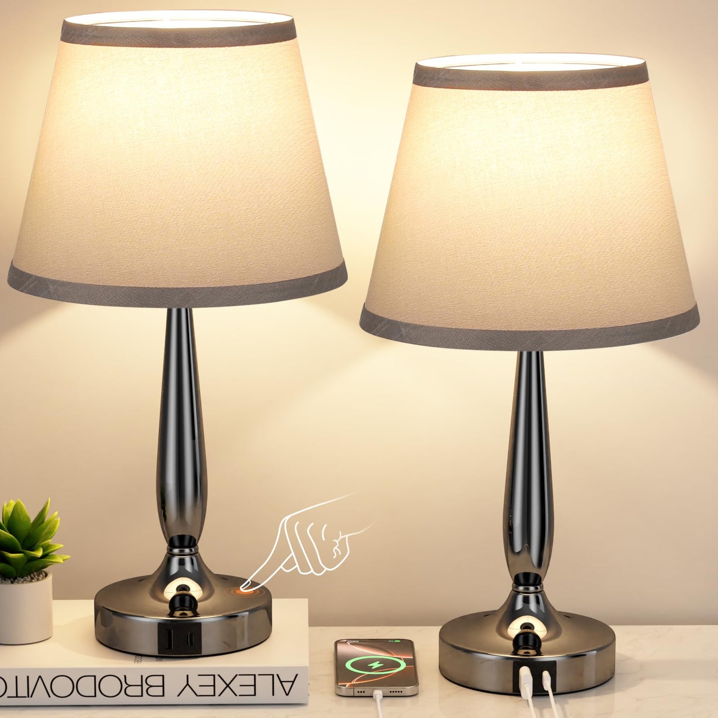 Kakanuo Touch Table Lamp for Bedroom Set, Small Bedside Lamps Set of 2 with USB C Charging Port, 3 Way Dimmable Touch Control Nightstand Lamps, LED Bulb Included