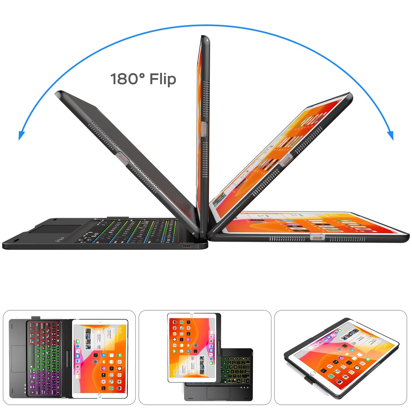 NOKBABO iPad 9th Generation Case with Keyboard 360° Rotatable Touchpad and 7 Color Backlight & Pencil Holder for iPad 9th/8th/7th Gen 10.2 inch & iPad Air 3rd Gen/iPad Pro 10.5 inch - Black