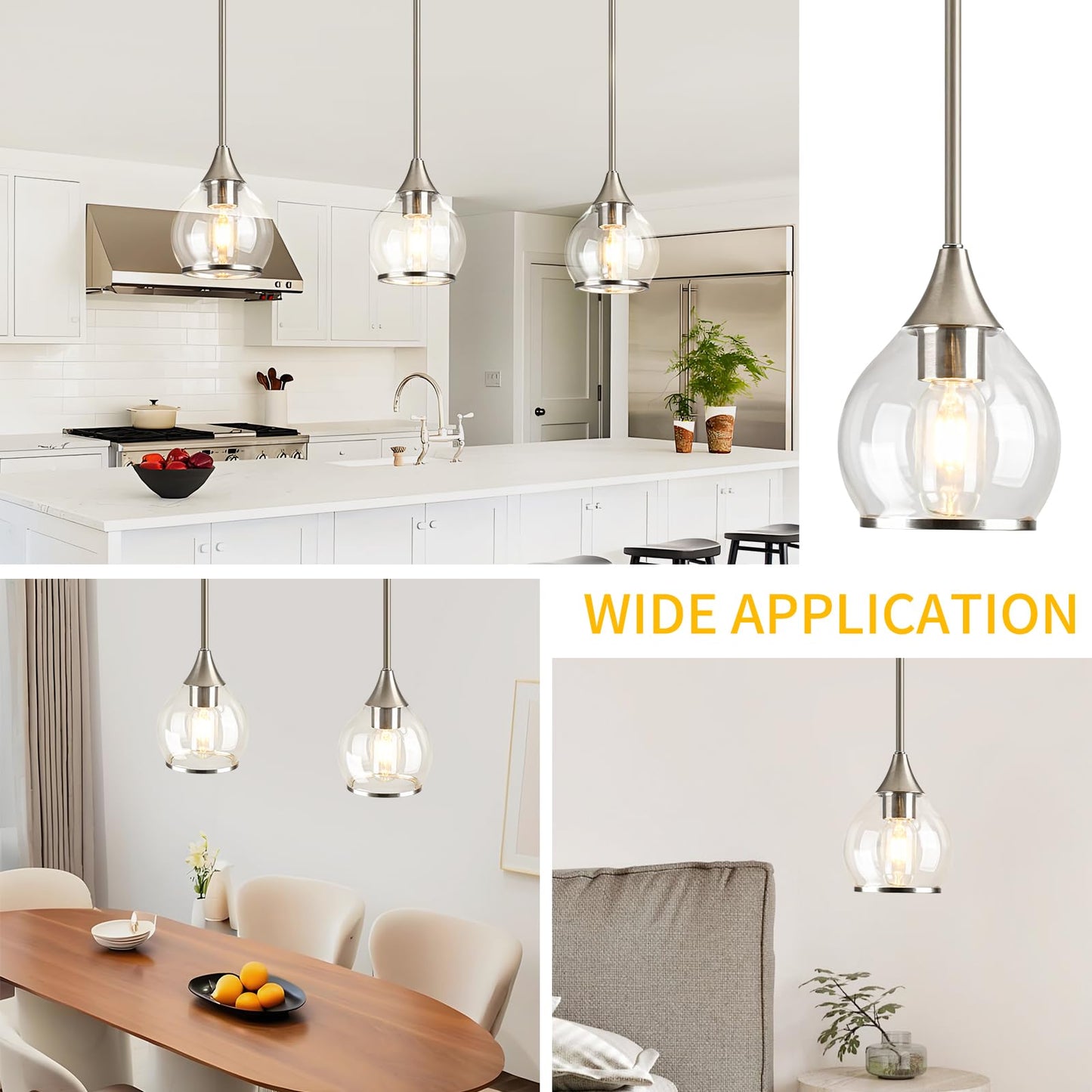 Zoaklighen 1-Piece Brushed Nickel Island Light for Kitchen, 1-Light Brushed Nickel Hanging Pendant Light with Clear Round Glass Shade for Dining Room,Bedroom