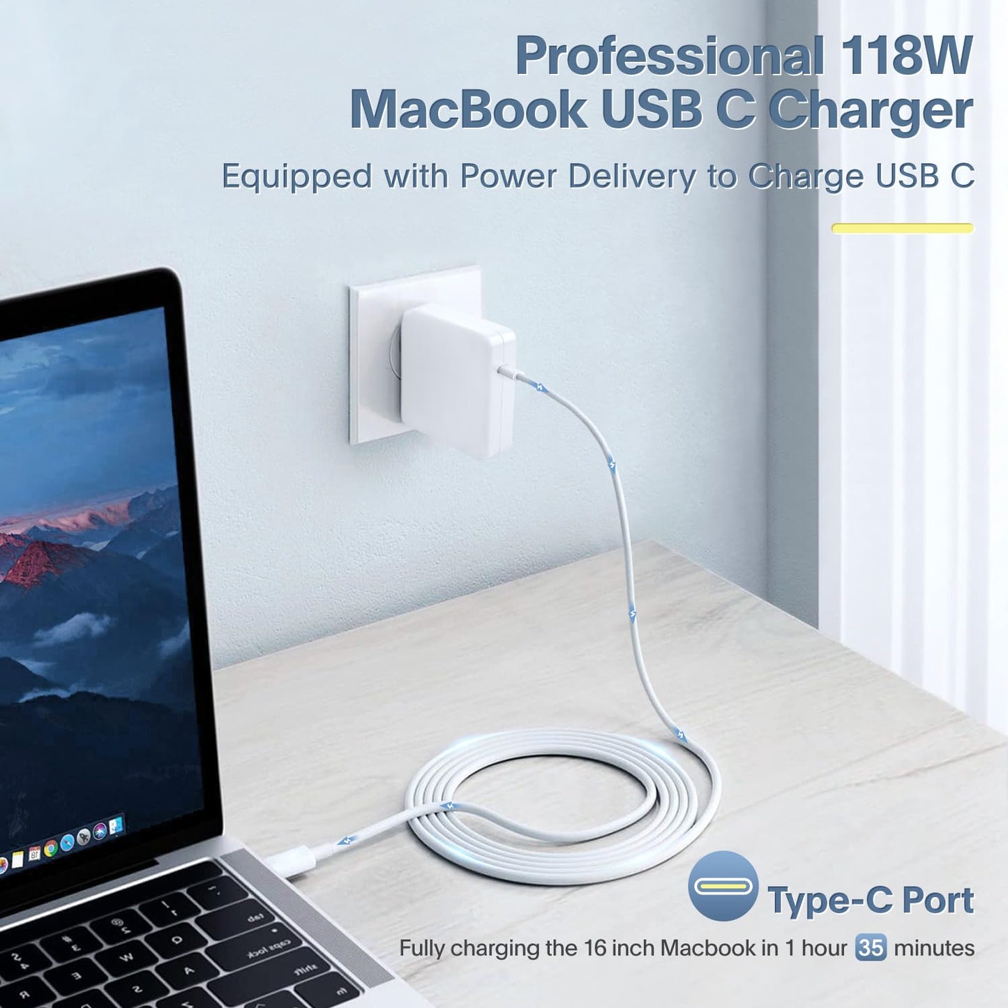 Mac Book Pro Charger - 118W Power Adapter Compatible with USB C Port MacBook Pro & MacBook Air 13, 14, 15, 16 inch, New ipad Pro and All USB C Device, 6.6ft USB-C to C Charge Cable