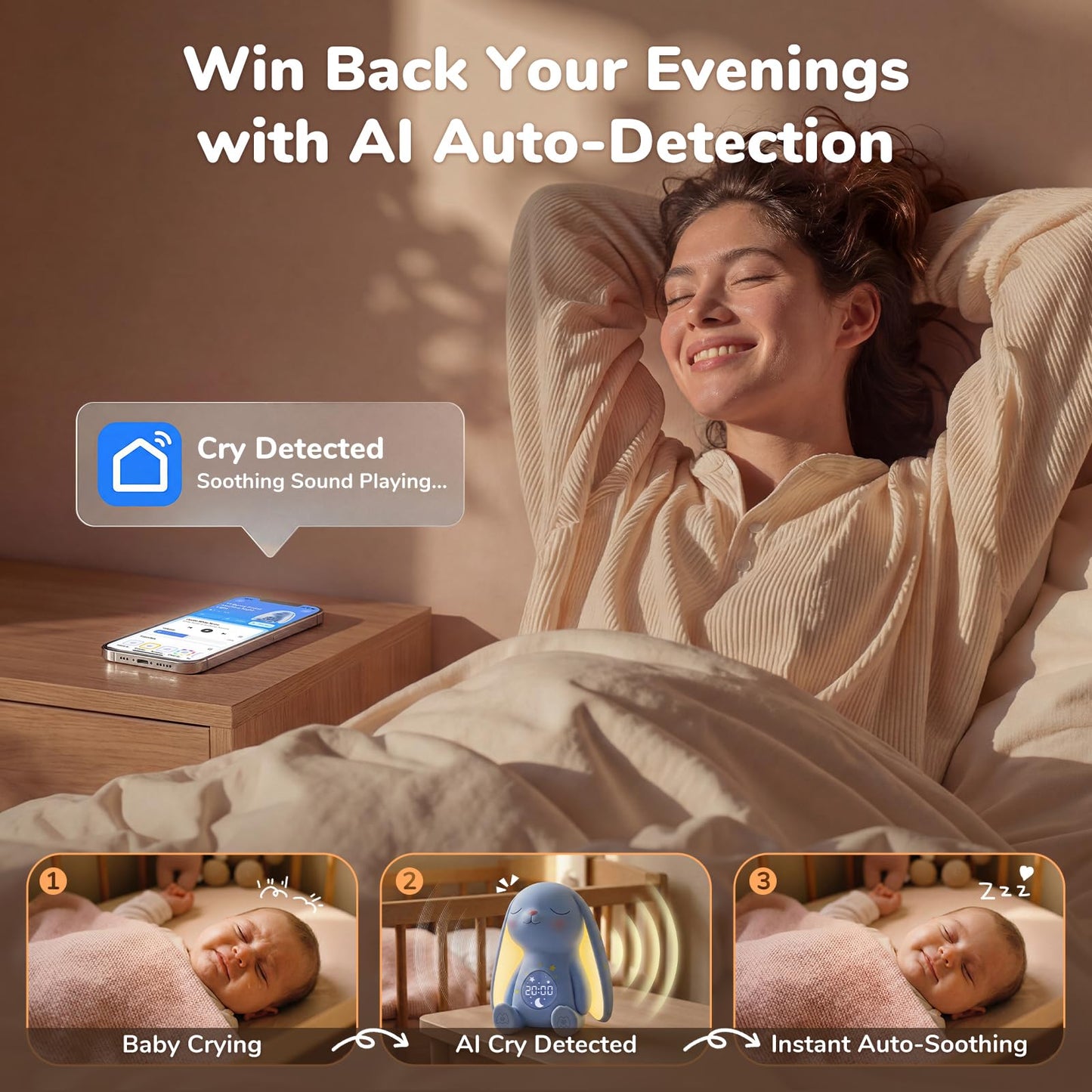 Mom's Choice Awards丨Bunny White Noise Sound Machine Baby for Sleep- AI Cry Detection, 100 Soothing Sounds, Full APP Access Included, Newborn Baby Boy Gifts, Night Light & Sleep Trainer, New Mom Gift