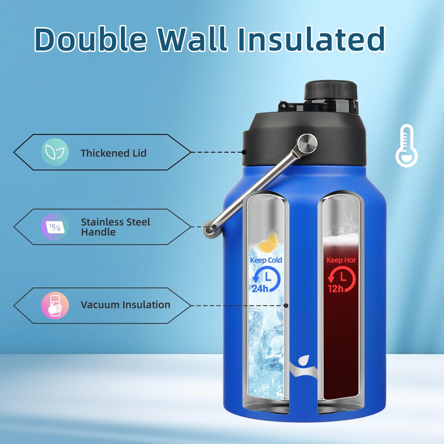 Konokyo Half Gallon Jug with Handle,64 oz Insulated Water Bottle with Carrying Pouch,Double Wall Vacuum Stainless Steel Metal Bottle,Blue