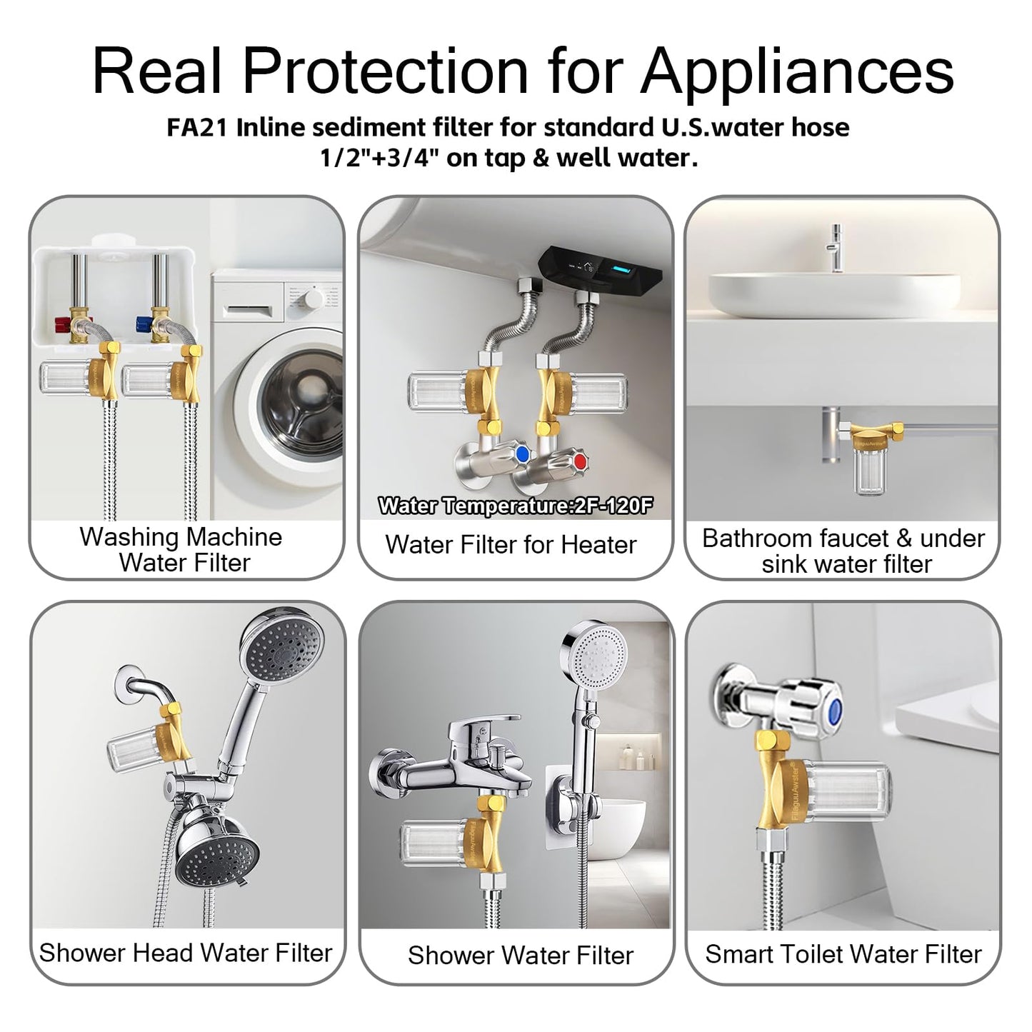 FA20 Brass Sediment Filter, Reusable Washer Water Filters, Traps Sand, Rust, 40 Micron Inline Water Filters for Washing Machines, Shower, Well