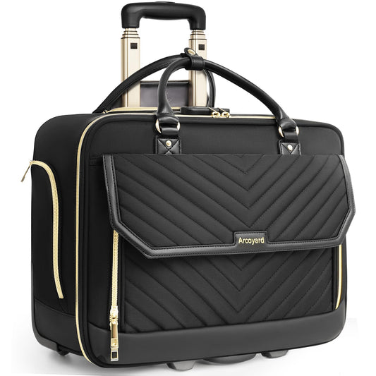 Arcoyard Rolling Laptop Bag for Women, 17.3 Inch Briefcase with Wheels, Anti Theft Computer Bags with Leather Handle, Roller Work Tote Bag for Teacher, Airline Approved, TSA Friendly, Large, Black