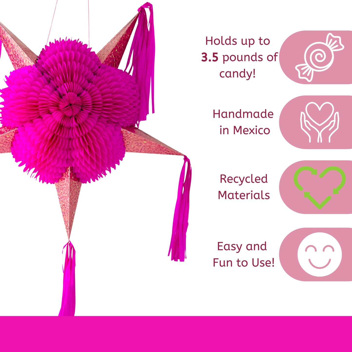 Mexican Star Pinata (32"), Hot Pink Piñata with Rose Gold Cones and 30 ft Rope - Large Pinata for Baby/Bridal Shower, Quinceañera, Glamorous Pink Party Decoration