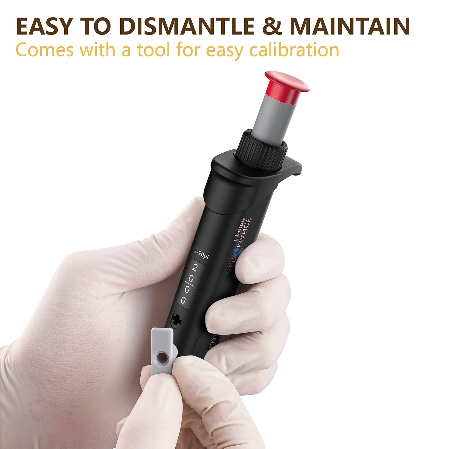 PER4MANCE Pipette - 2~20µL Adjustable Single Channel Pipette, ISO Calibrated Low Plunger-Force Ergonomic Micropipette with Autoclavable Lower and Universal Tip Cone, Ultra-Light Precise Pipettor