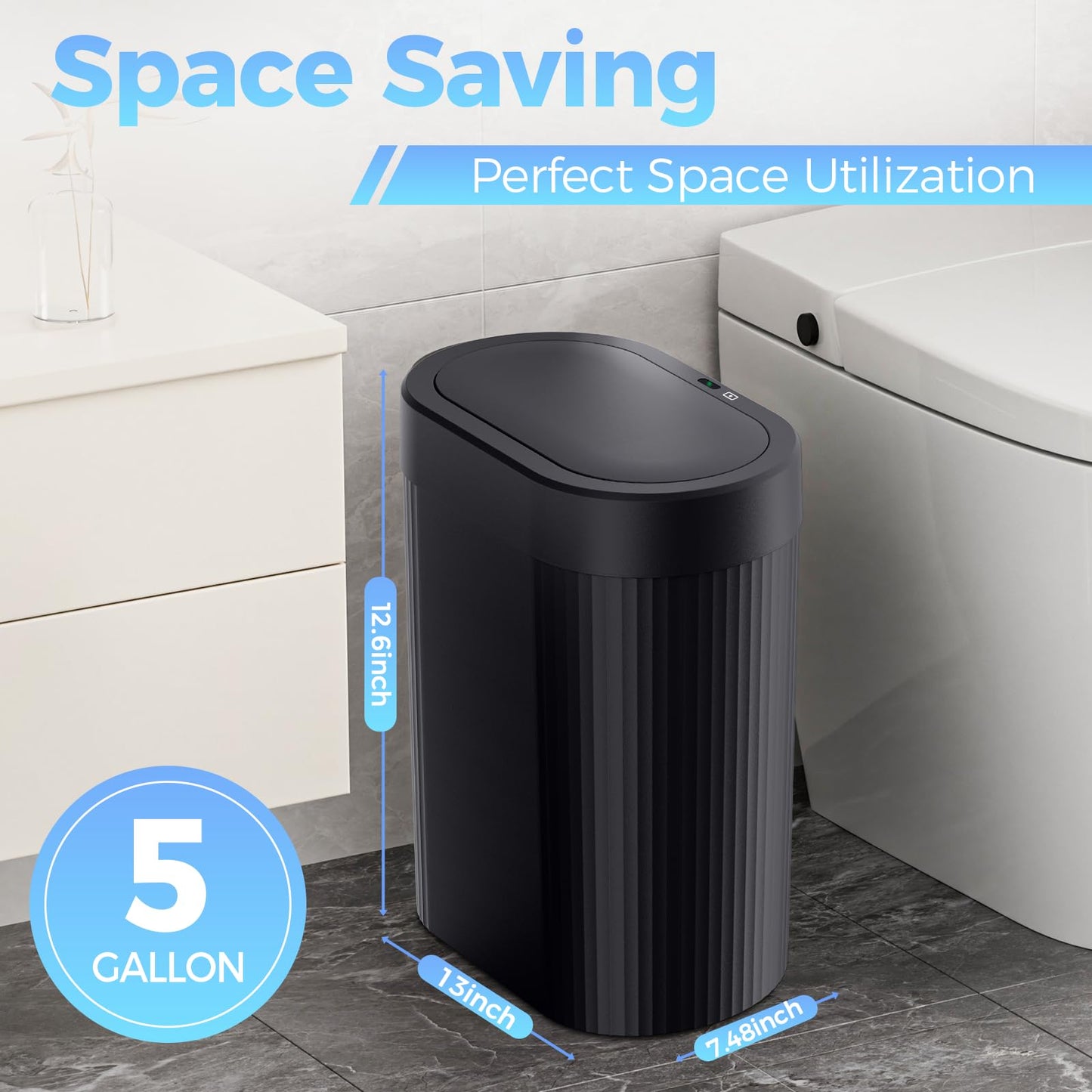 jinligogo 2 Pack 5 Gallon Bathroom Trash Can with Lid, Automatic Motion Sensor Black Trash Can, Touchless Slim Waterproof Garbage Bin for Kitchen, Bedroom, Office, and Bathroom