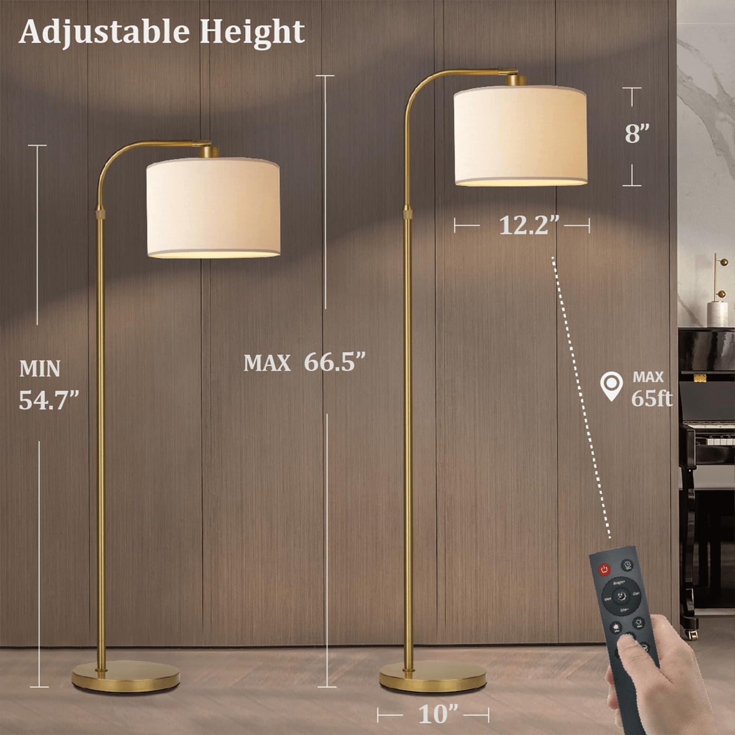 FINNCHY Gold Floor Lamp with Remote Control, 1200 Lumens Adjustable Height Dimmable Arc Floor Lamp for Living Room, Modern Standing Lamp for Bedroom, Office, LED Smart Bulb Included