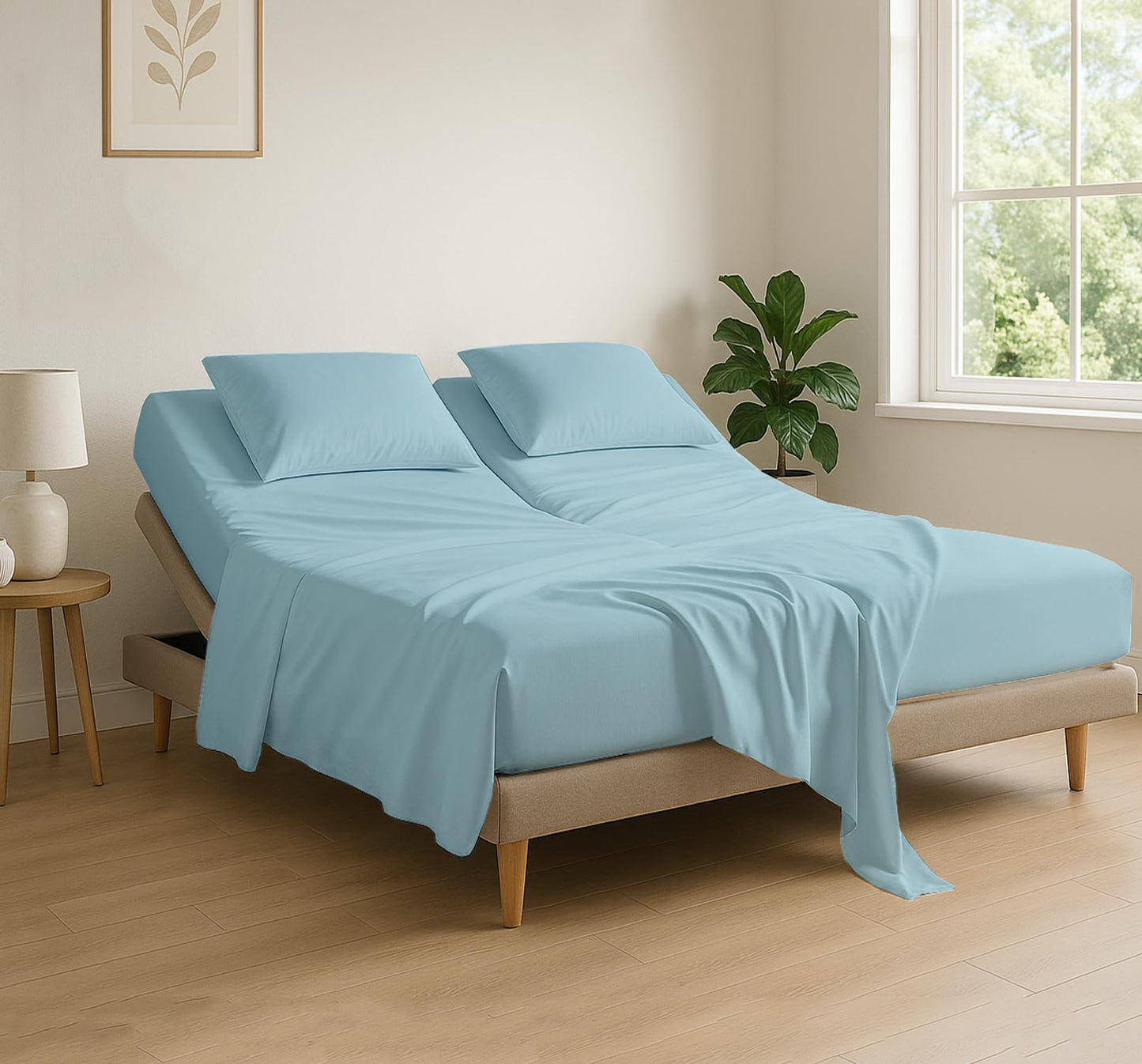 Cottingon 4 Piece Flex Head King Sheet Set, Top 34 Inch Split Sheets for Sleep Number Adjustable Beds, Soft Breathable 100% Egyptian Cotton, Fits Upto 16" Deep Mattress 78"X80"+ 34", Light Blue