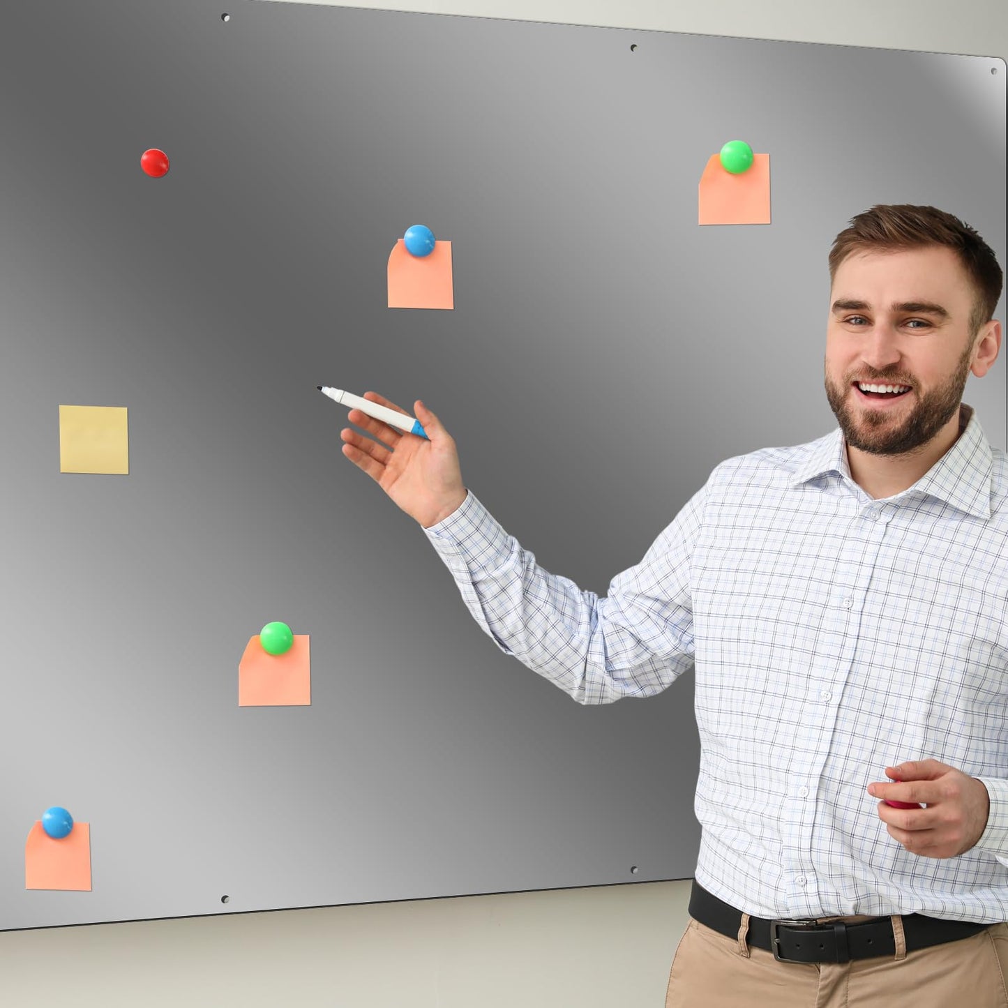 Ireer Magnetic Board Steel Magnet Bulletin Boards for Walls to Display Magnetic Notes Photos for Home Office Classroom, Pre Drilled with Screws and Dry Wet Erase Feature(Steel Color,30 x 14 Inch)