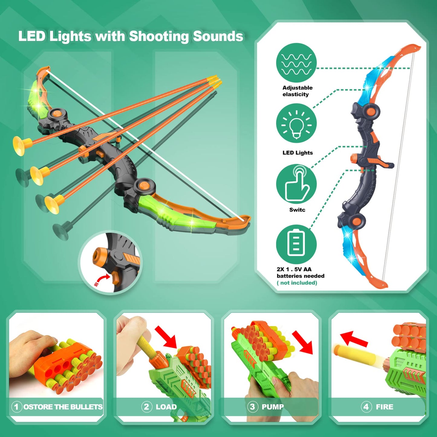 SpringFlower 2 Bow and Arrow Sets with LED Light-up,2 Foam Dart Guns for Kids 5 6 7 8 9 10+ Years Old, Archery Set with Standing Target for Boys & Girl, for Kids